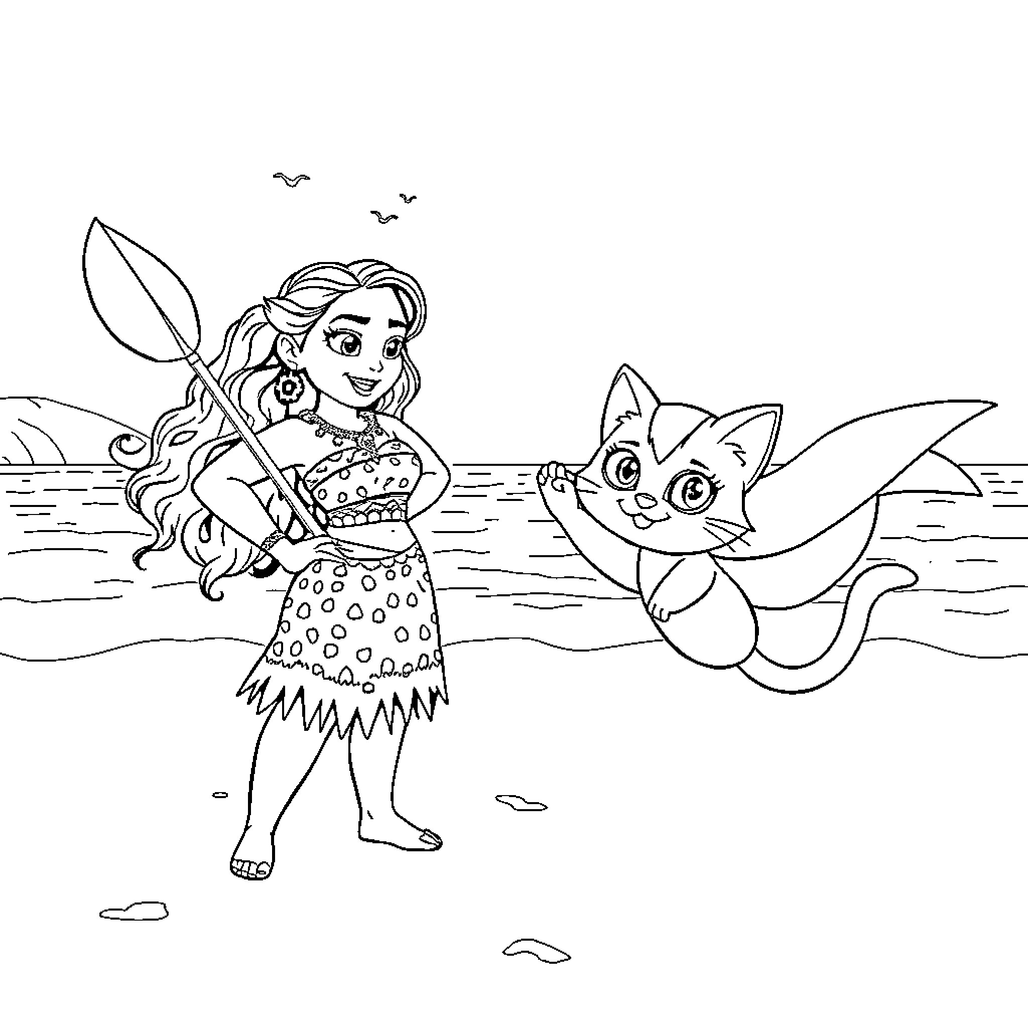 Moana exploring the ocean with her cat companion Coloring Page (free black-and-white line drawing printable PDF for all, from beginners to advanced learners, including children, teens, adults, and seniors)