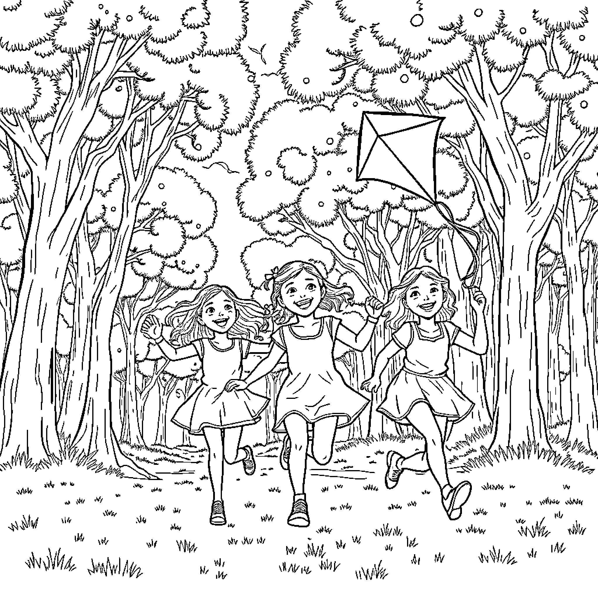 Girls playing joyfully in the forest Coloring Page (free black-and-white line drawing printable PDF for all, from beginners to advanced learners, including children, teens, adults, and seniors)