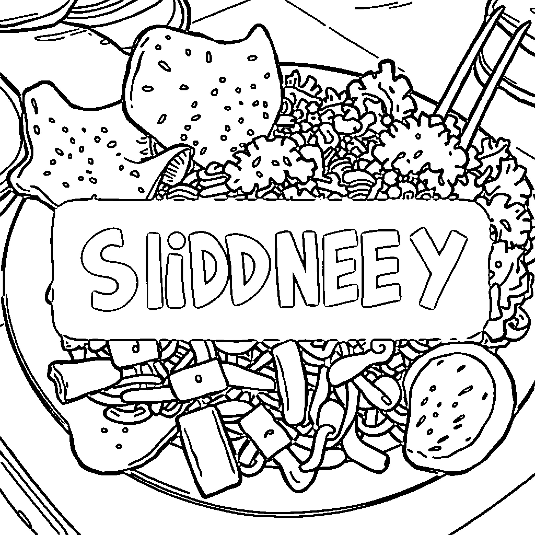 Food items arranged in playful cartoon style Coloring Page (free black-and-white line drawing printable PDF for all, from beginners to advanced learners, including children, teens, adults, and seniors)