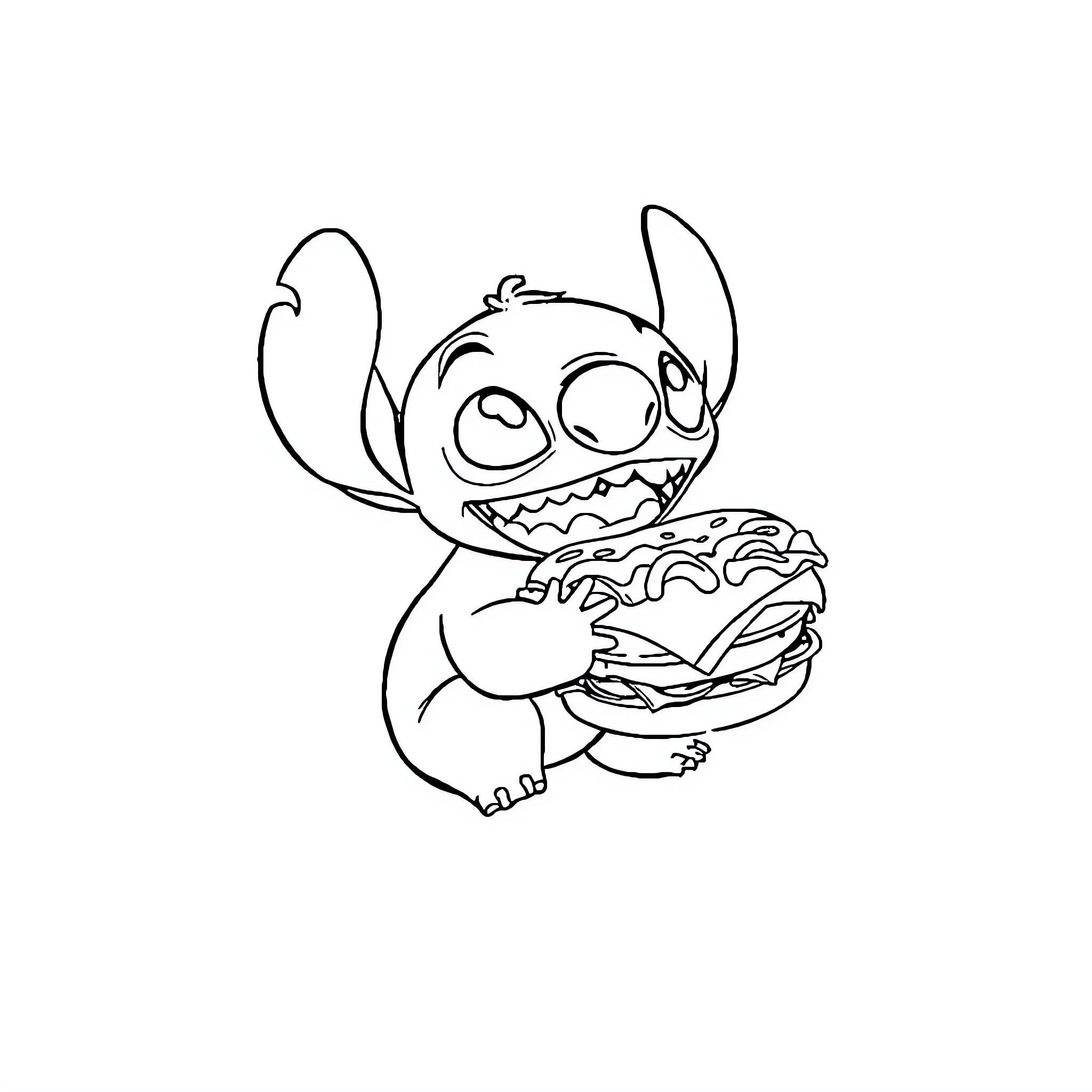 Stitch enjoying a delicious burger Coloring Page (free black-and-white line drawing printable PDF for all, from beginners to advanced learners, including children, teens, adults, and seniors)