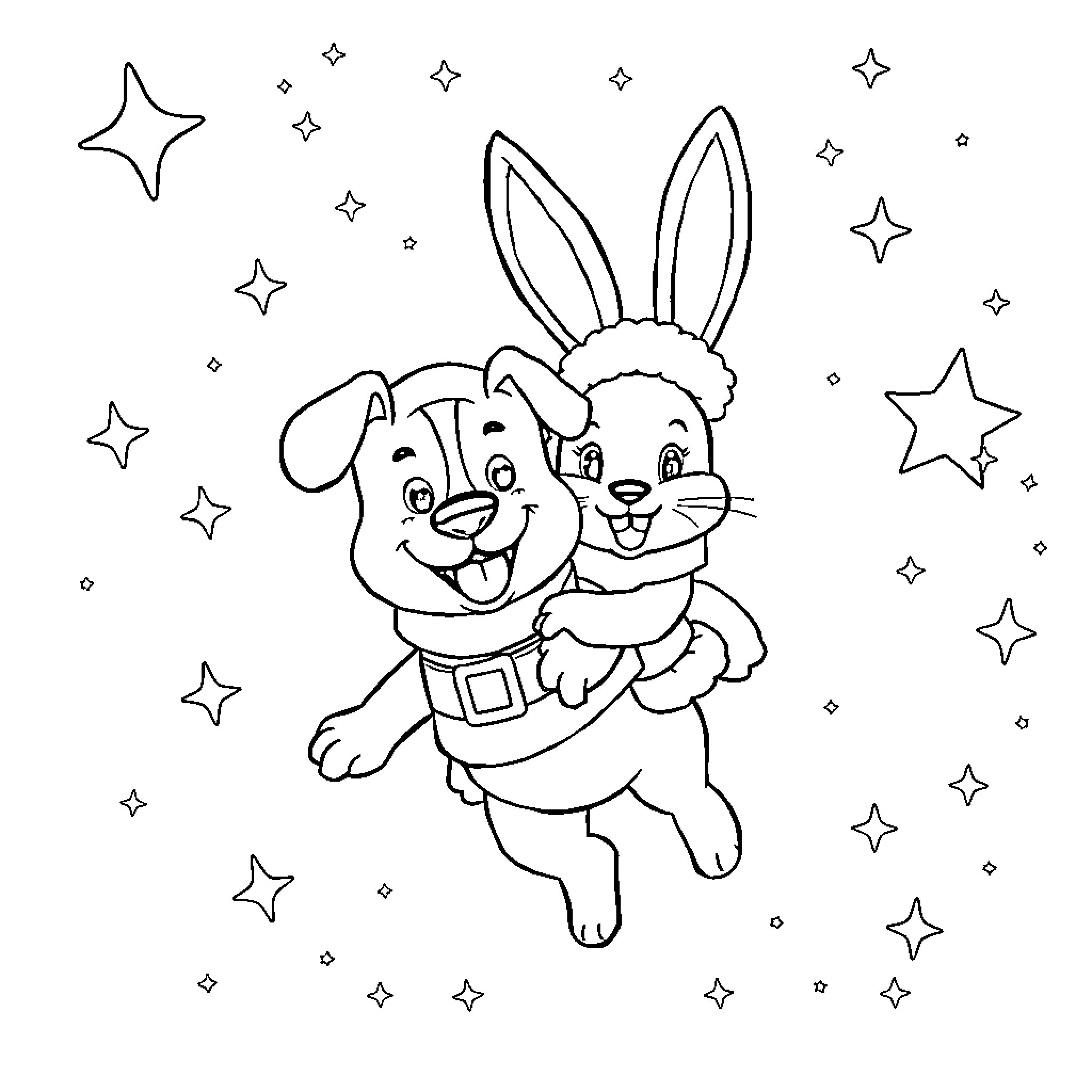 Dog and Bunny Playing Under the Stars Coloring Page (free black-and-white line drawing printable PDF for all, from beginners to advanced learners, including children, teens, adults, and seniors)