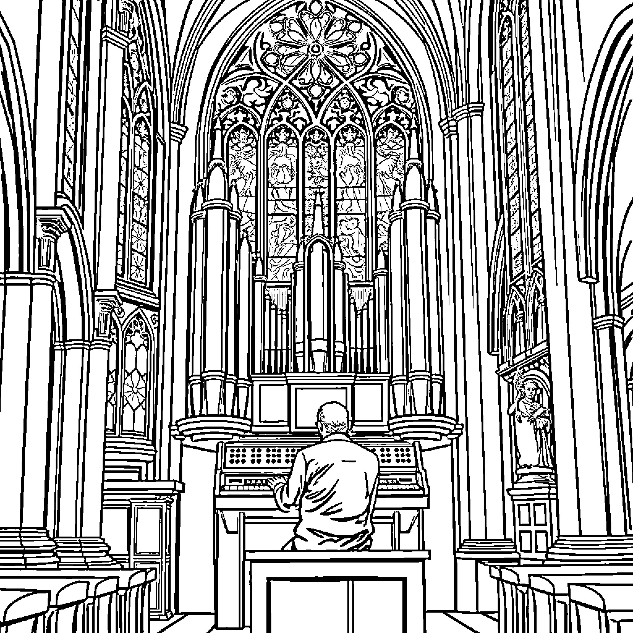 Man praying at the altar of a grand cathedral Coloring Page (free black-and-white line drawing printable PDF for all, from beginners to advanced learners, including children, teens, adults, and seniors)