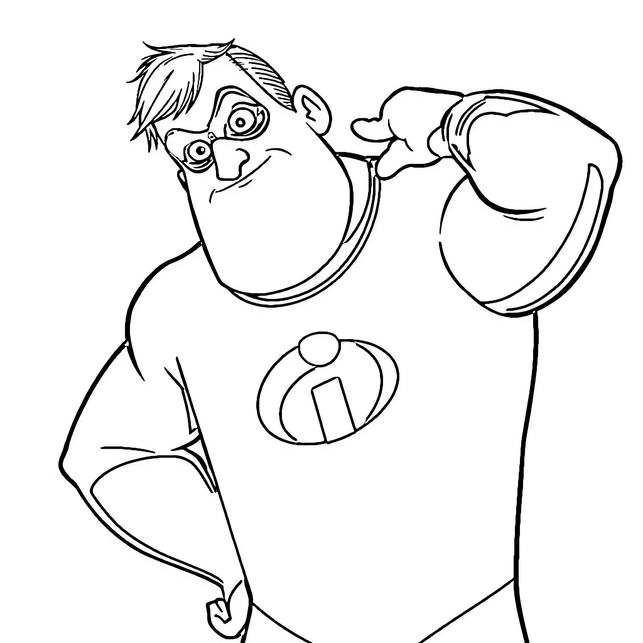 Mr Incredible in Heroic Action Pose Coloring Page (free black-and-white line drawing printable PDF for all, from beginners to advanced learners, including children, teens, adults, and seniors)