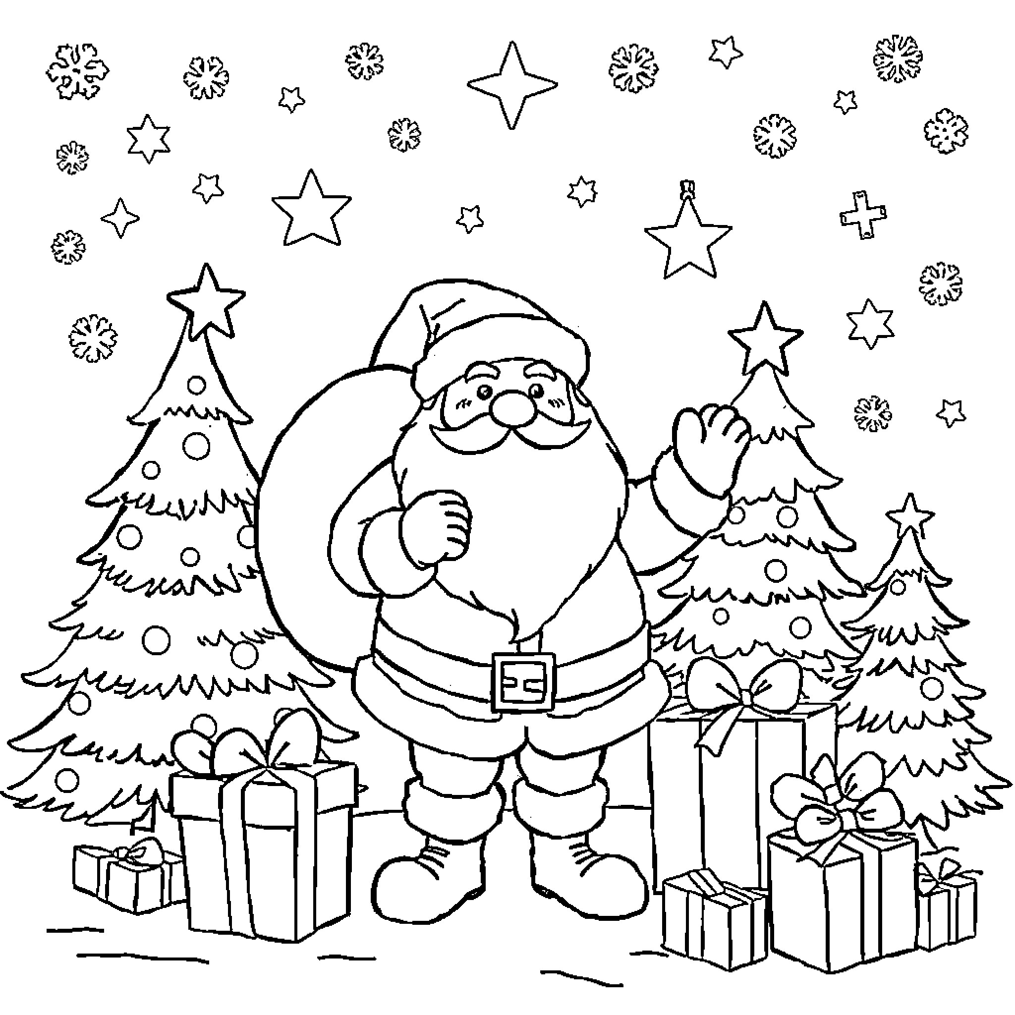 Christmas scene with Santa, trees, and gifts Coloring Page (free black-and-white line drawing printable PDF for all, from beginners to advanced learners, including children, teens, adults, and seniors)