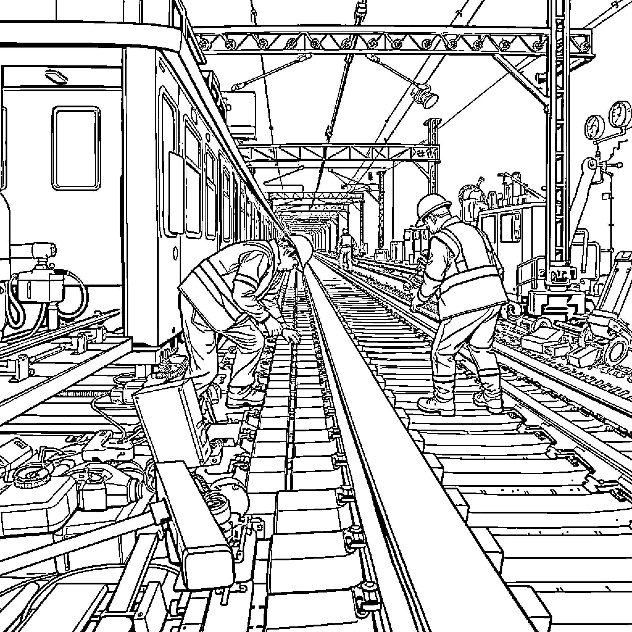 Worker Maintaining Railway Track in Industrial Setting Coloring Page (free black-and-white line drawing printable PDF for all, from beginners to advanced learners, including children, teens, adults, and seniors)