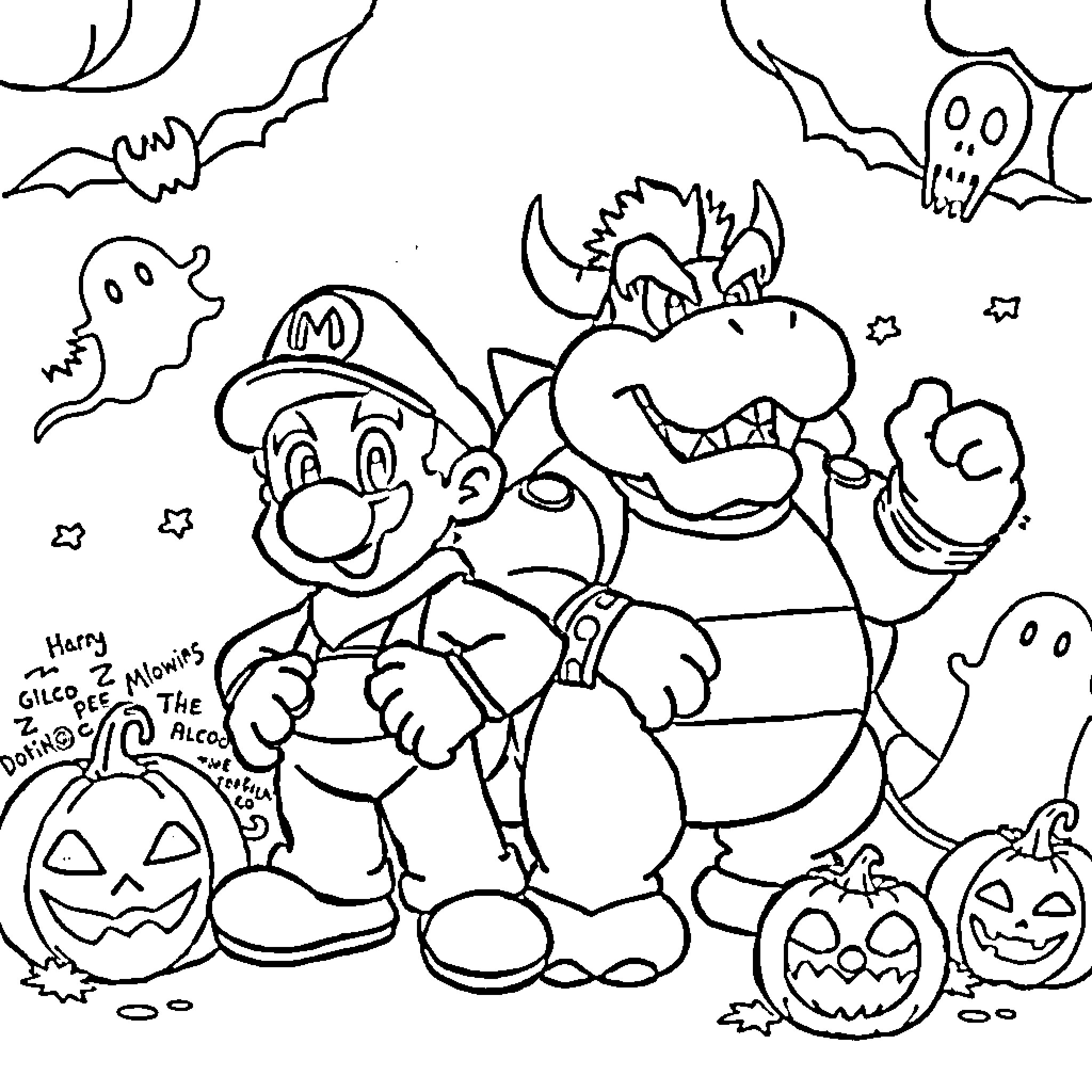 Mario's Halloween Adventure with Spooky Friends Coloring Page (free black-and-white line drawing printable PDF for all, from beginners to advanced learners, including children, teens, adults, and seniors)