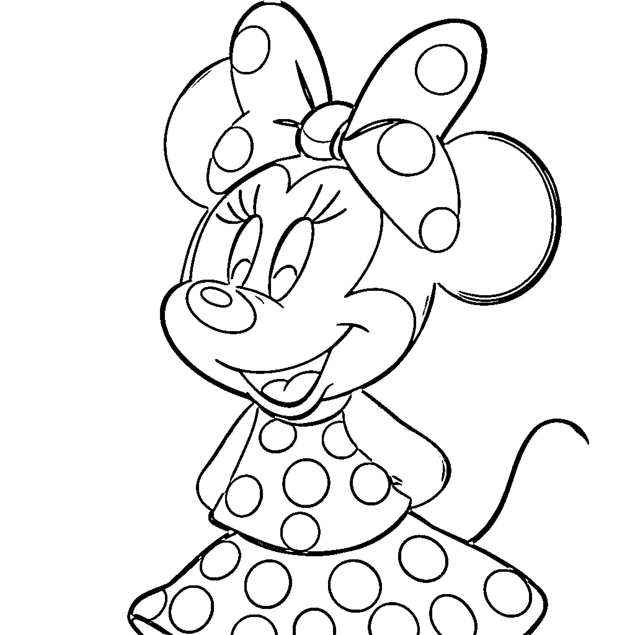 Minnie Mouse in a polka dot dress Coloring Page (free black-and-white line drawing printable PDF for all, from beginners to advanced learners, including children, teens, adults, and seniors)