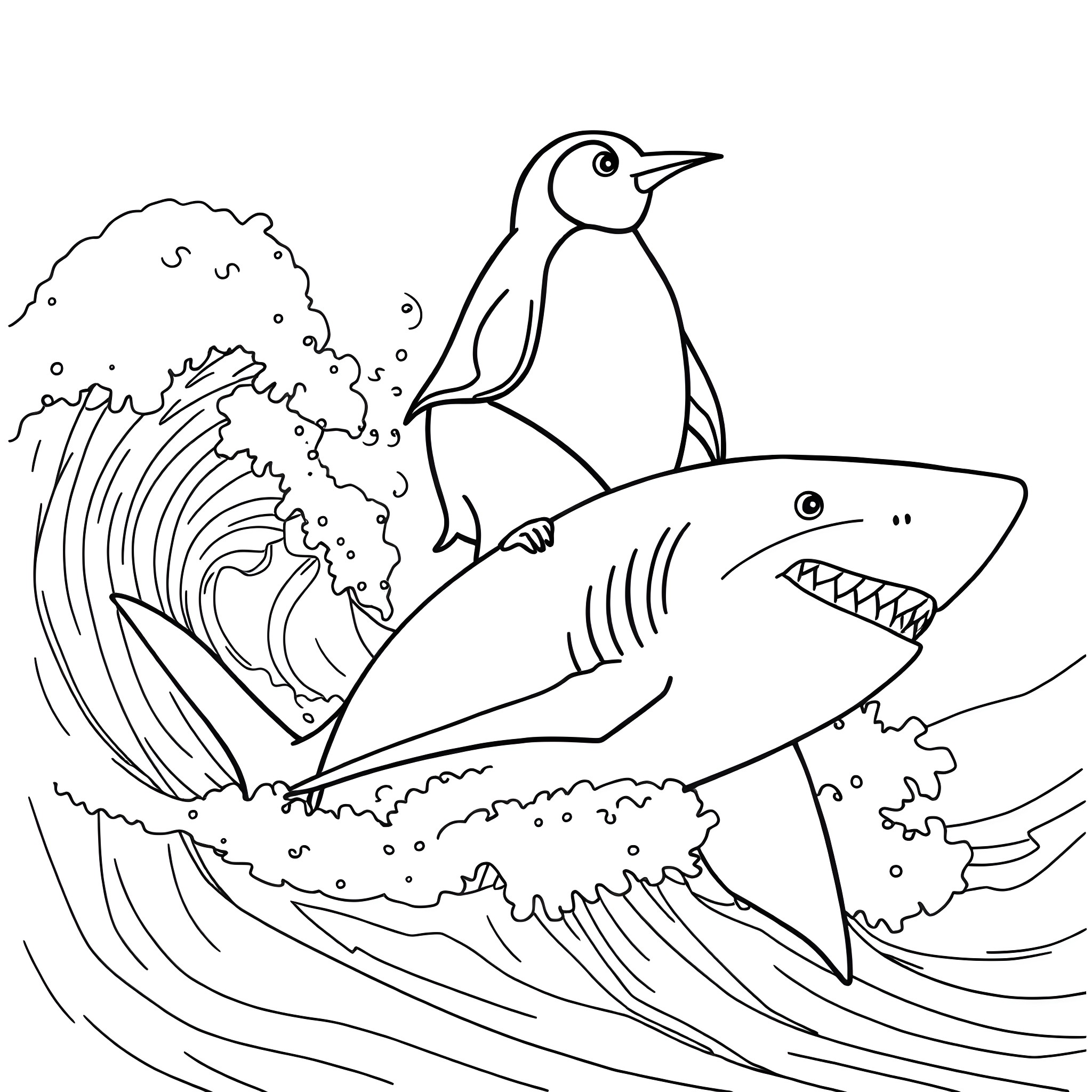 Penguin riding a shark in the waves Coloring Page (free black-and-white line drawing printable PDF for all, from beginners to advanced learners, including children, teens, adults, and seniors)