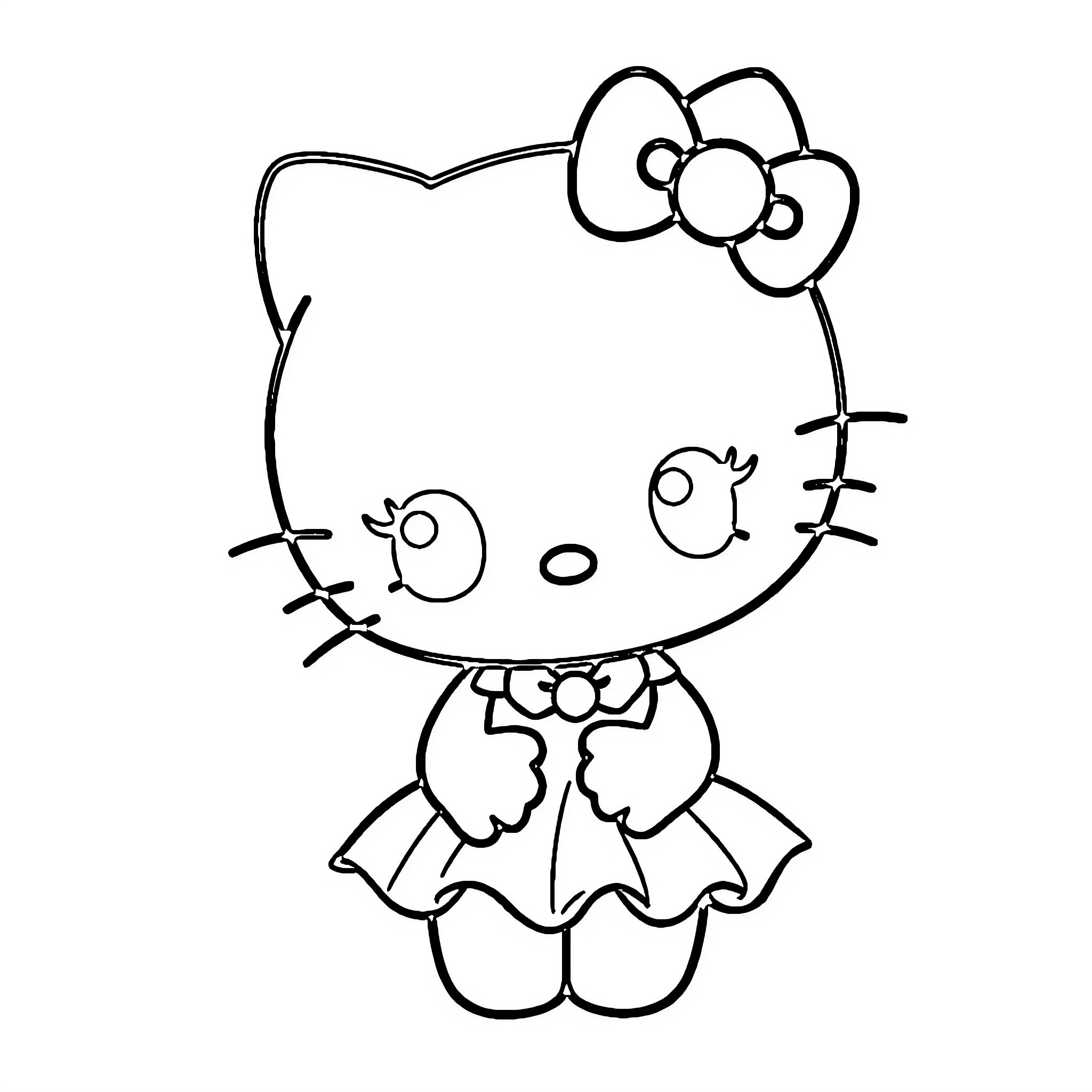 Hello Kitty Adorable Cartoon Character Coloring Page (free black-and-white line drawing printable PDF for all, from beginners to advanced learners, including children, teens, adults, and seniors)