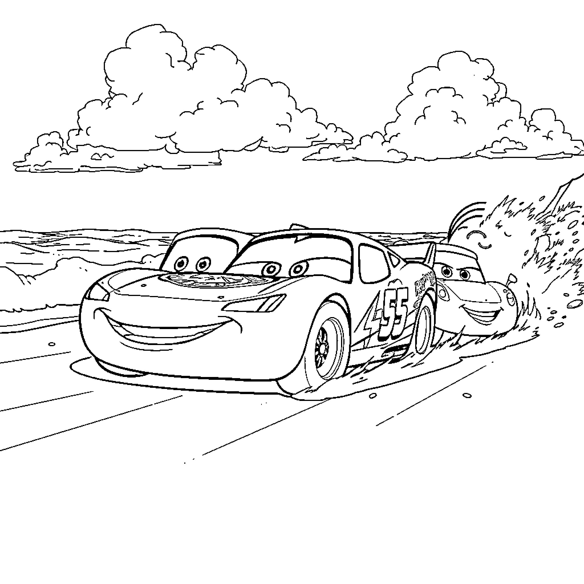 Car characters racing on the road Coloring Page (free black-and-white line drawing printable PDF for all, from beginners to advanced learners, including children, teens, adults, and seniors)