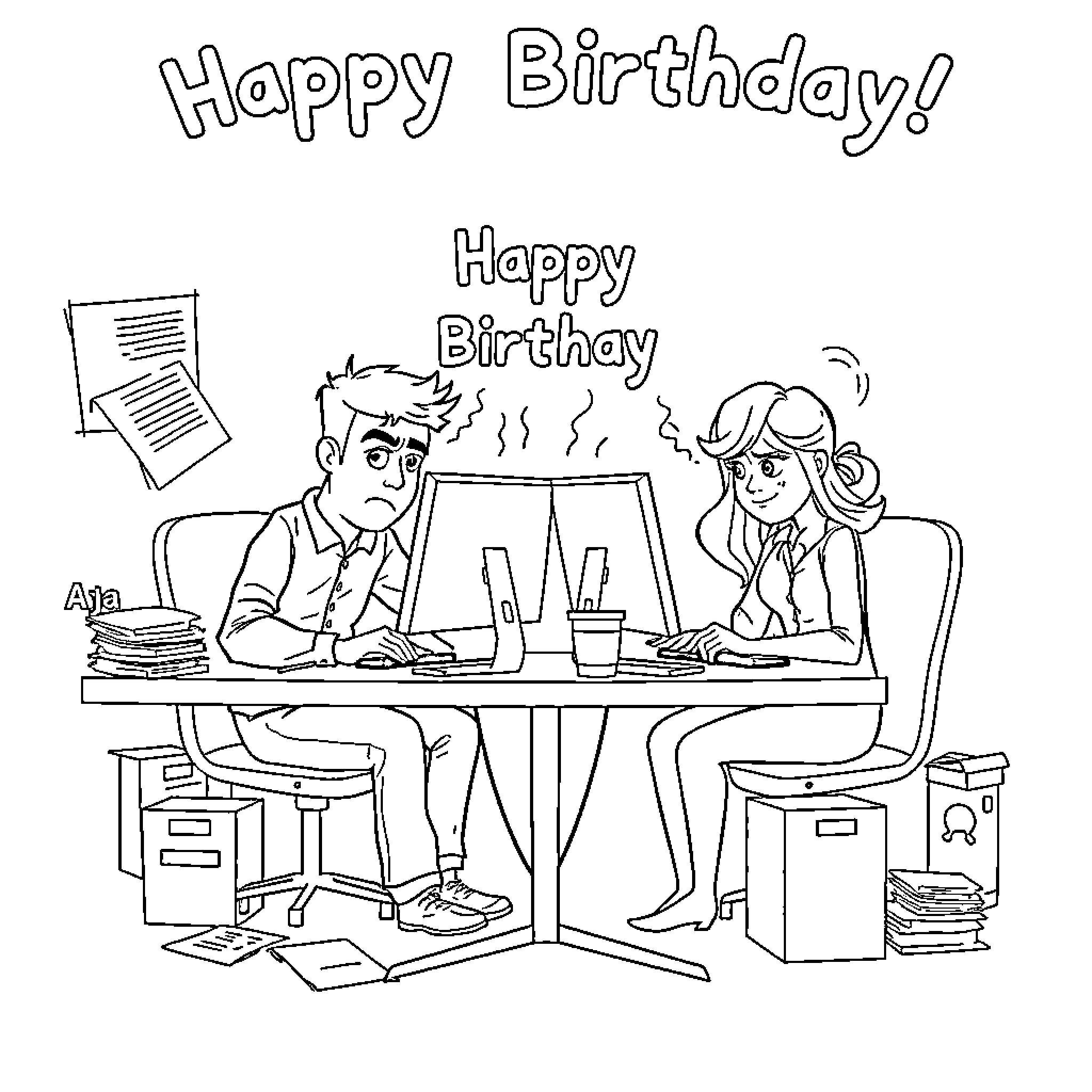 Coworkers celebrating a birthday in the office Coloring Page (free black-and-white line drawing printable PDF for all, from beginners to advanced learners, including children, teens, adults, and seniors)