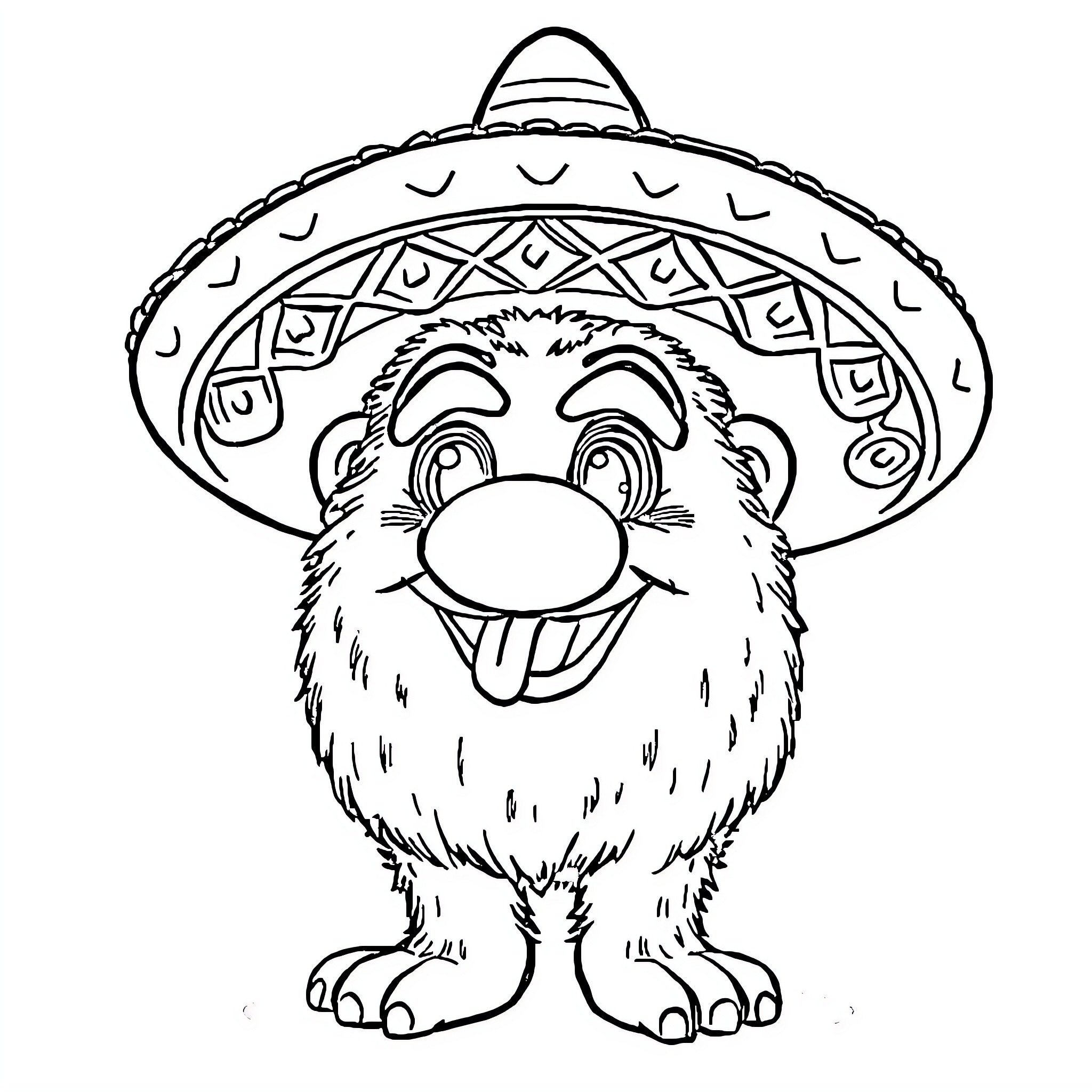 Huggy Wuggy wearing a festive sombrero hat Coloring Page (free black-and-white line drawing printable PDF for all, from beginners to advanced learners, including children, teens, adults, and seniors)