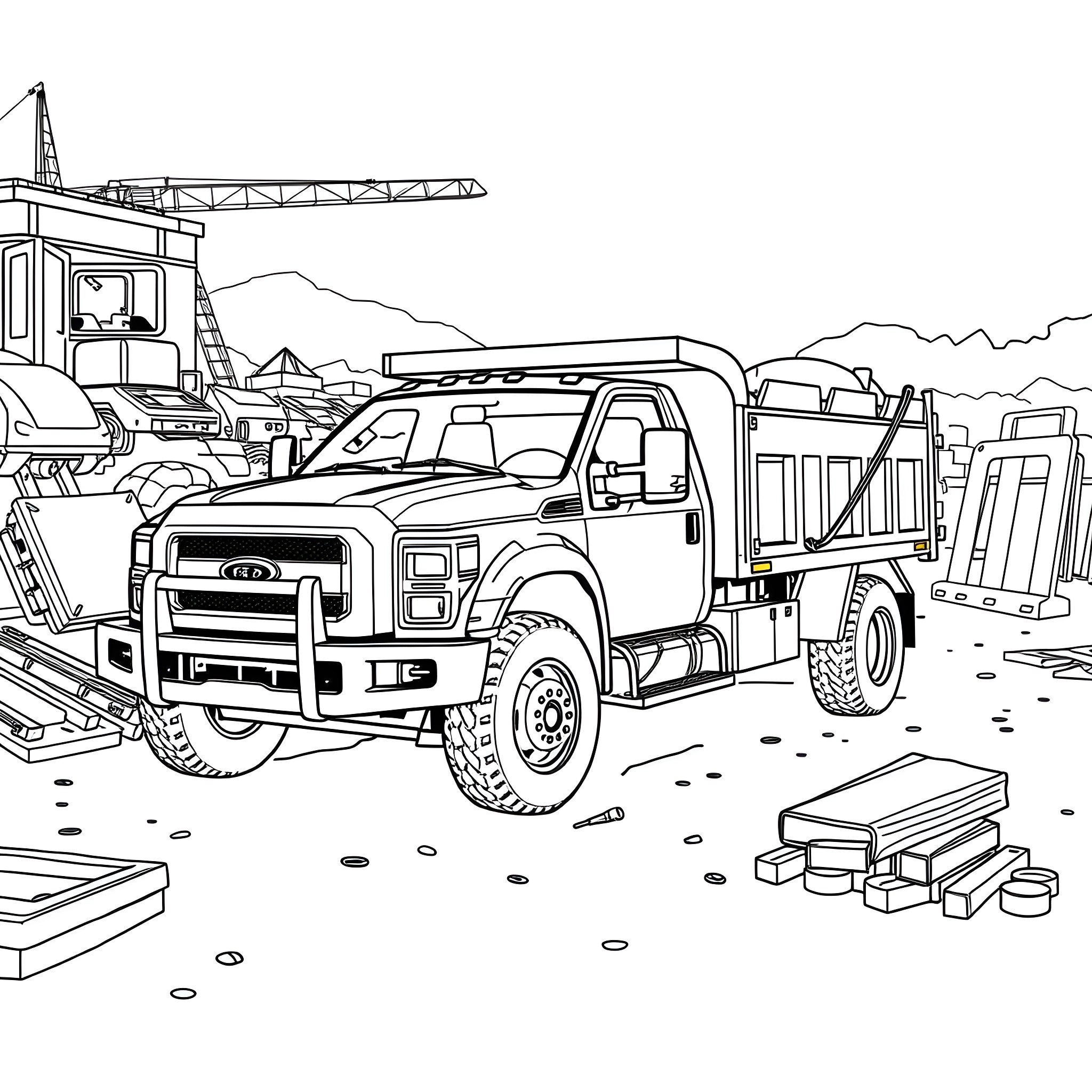 Truck transporting construction materials on site Coloring Page (free black-and-white line drawing printable PDF for all, from beginners to advanced learners, including children, teens, adults, and seniors)
