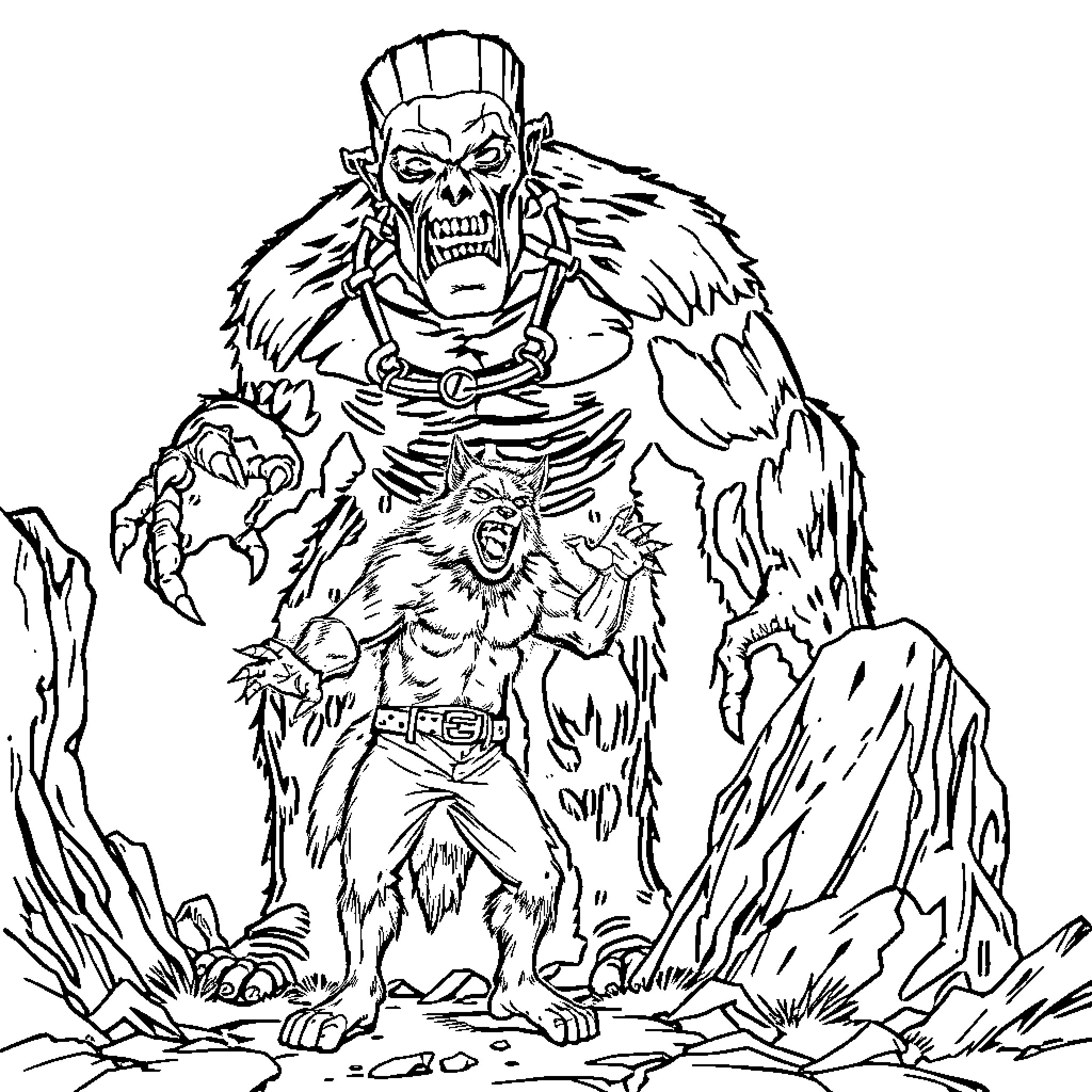 Wolf Man battling ferocious beast in the wilderness Coloring Page (free black-and-white line drawing printable PDF for all, from beginners to advanced learners, including children, teens, adults, and seniors)