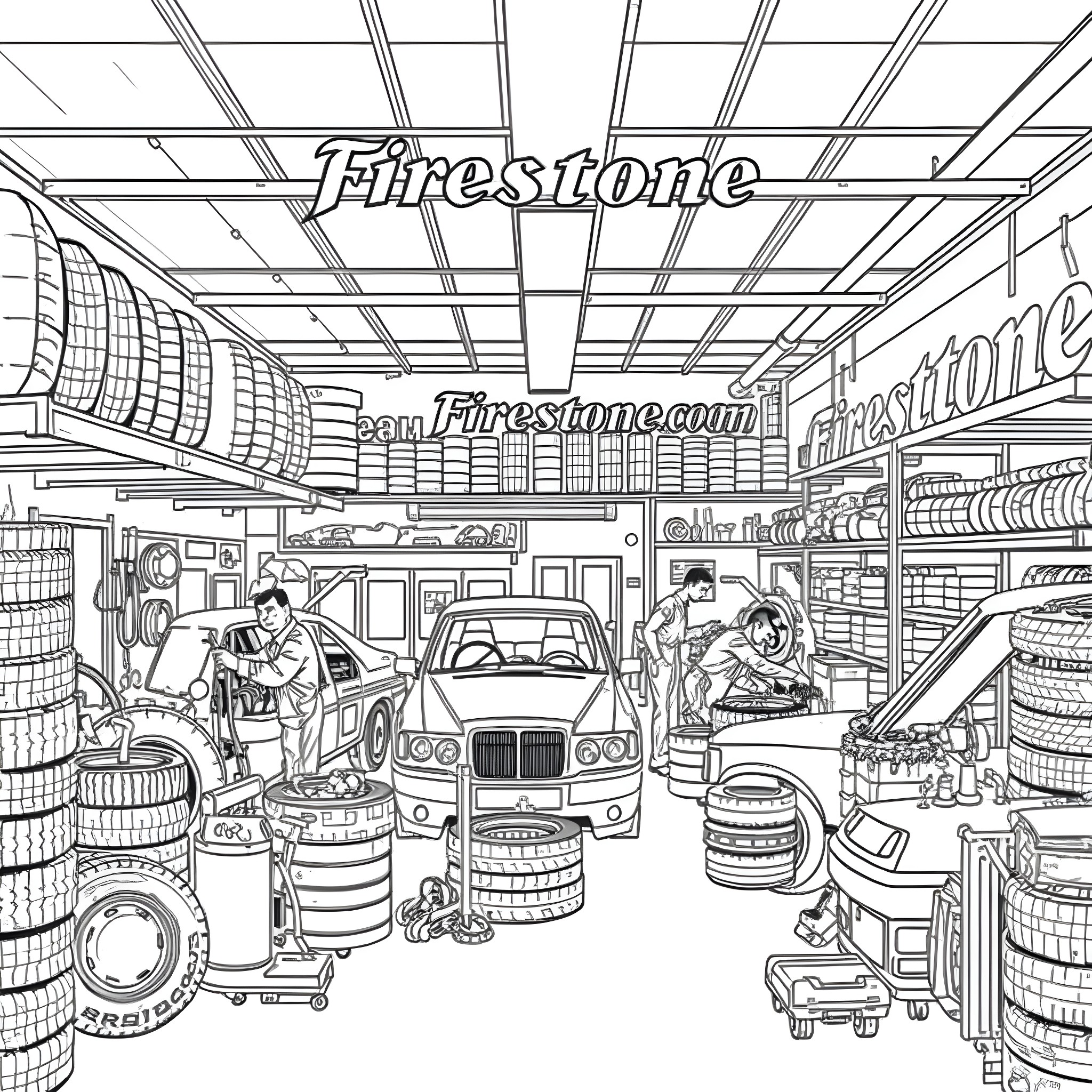 Firestone Tire Store with Customers and Employees Coloring Page (free black-and-white line drawing printable PDF for all, from beginners to advanced learners, including children, teens, adults, and seniors)