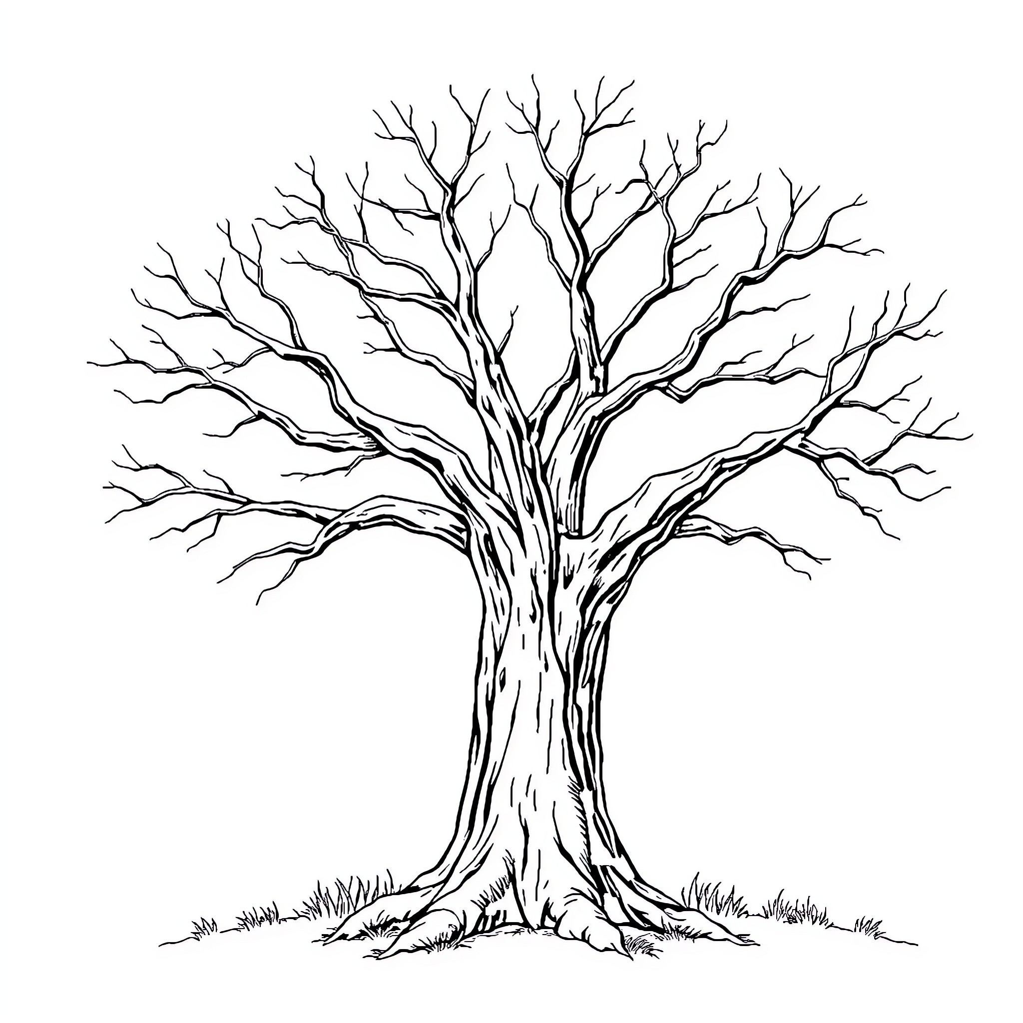 Tree with Bare Branches in Winter Coloring Page (free black-and-white line drawing printable PDF for all, from beginners to advanced learners, including children, teens, adults, and seniors)
