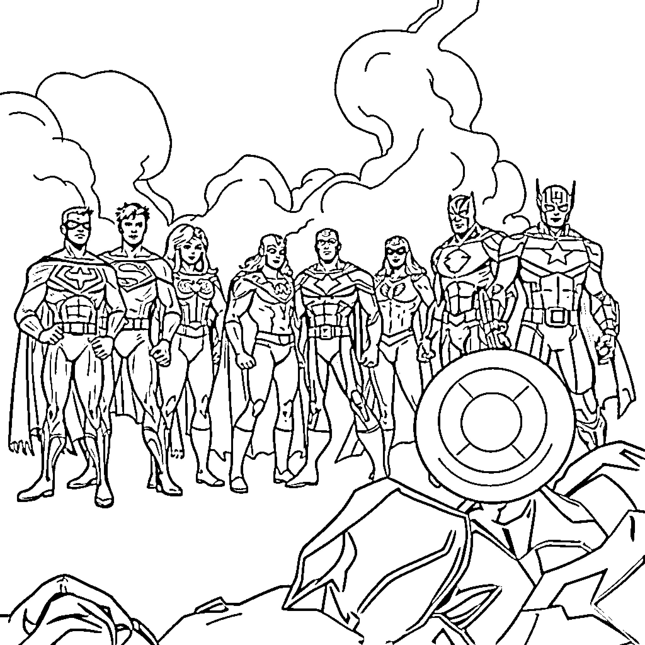 Superhero team in heroic poses Coloring Page (free black-and-white line drawing printable PDF for all, from beginners to advanced learners, including children, teens, adults, and seniors)
