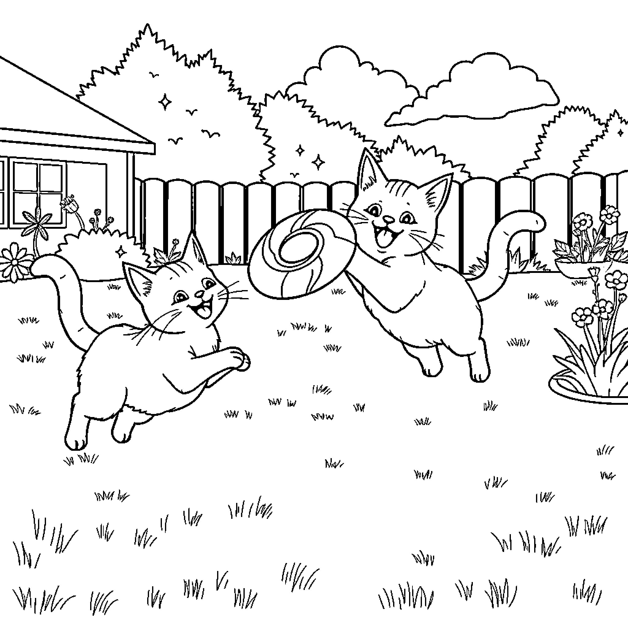 Cats playing in the backyard Coloring Page (free black-and-white line drawing printable PDF for all, from beginners to advanced learners, including children, teens, adults, and seniors)