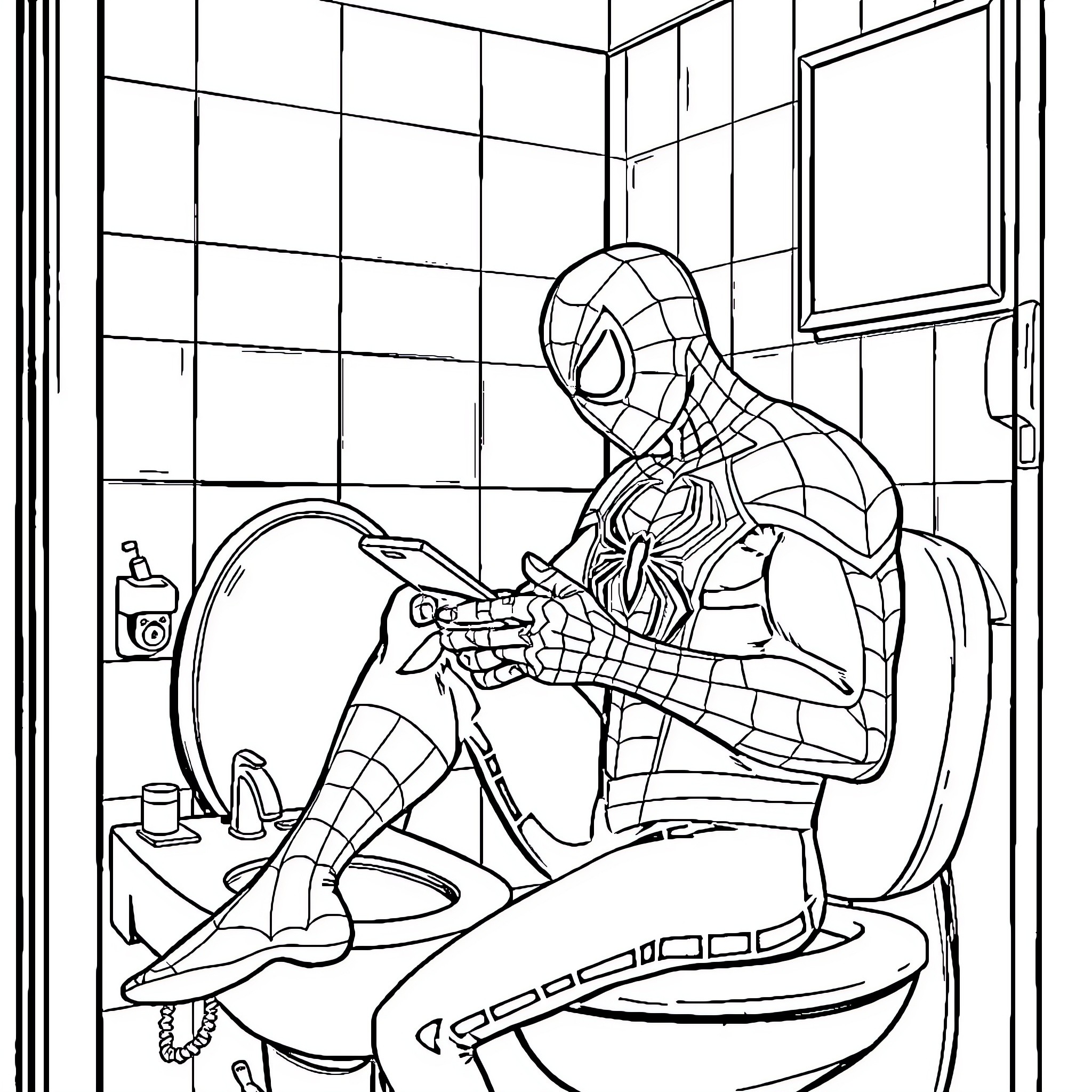 Spider-Man Applying His Suit in the Bathroom Coloring Page (free black-and-white line drawing printable PDF for all, from beginners to advanced learners, including children, teens, adults, and seniors)