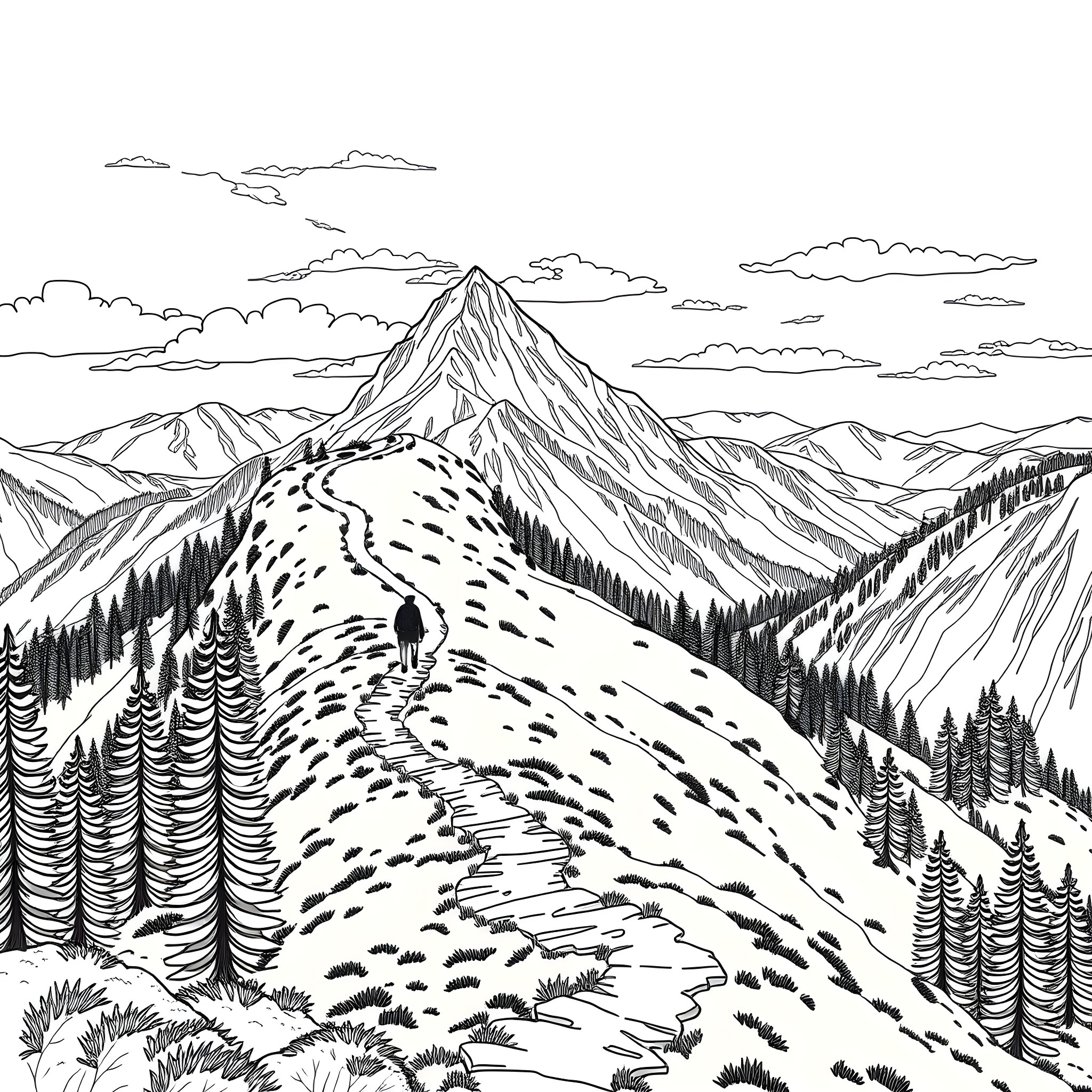 Sydney Sweeney hiking through majestic mountain landscape Coloring Page (free black-and-white line drawing printable PDF for all, from beginners to advanced learners, including children, teens, adults, and seniors)