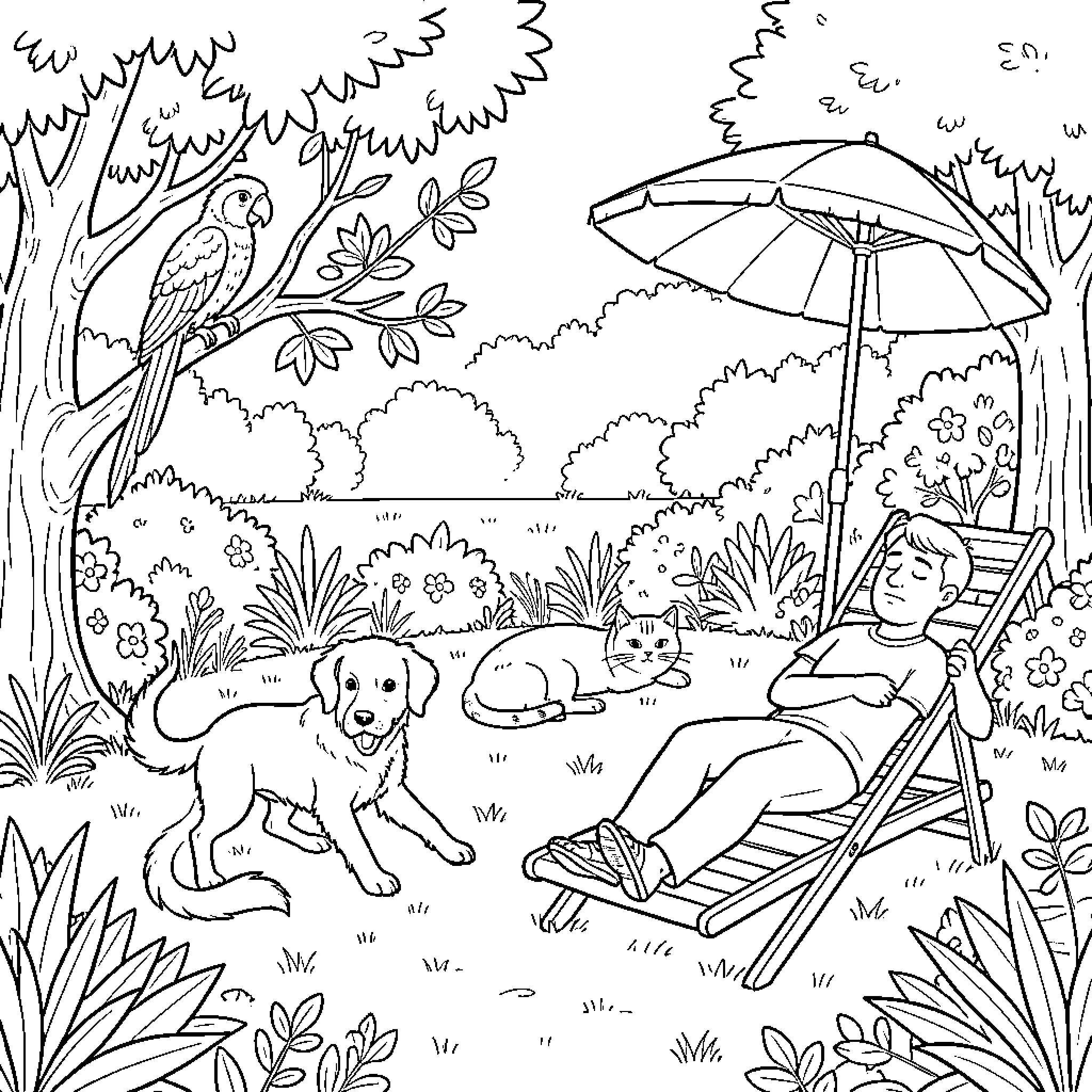 Jardin with a person relaxing among pets Coloring Page (free black-and-white line drawing printable PDF for all, from beginners to advanced learners, including children, teens, adults, and seniors)