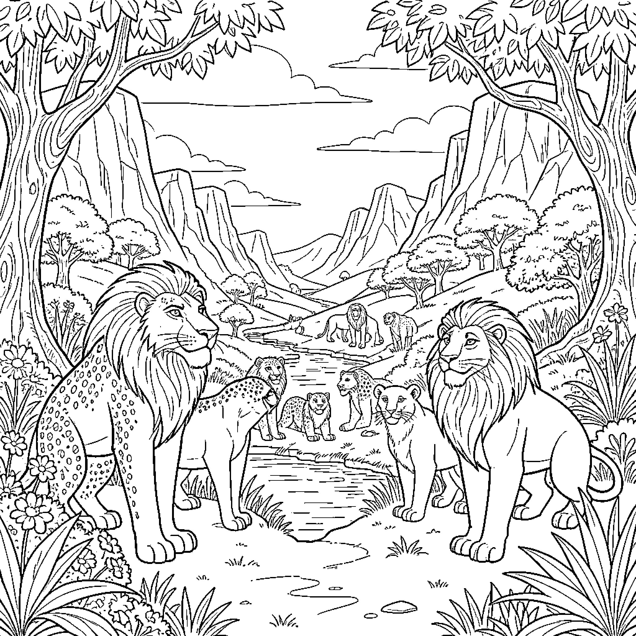 Lion pride gathering peacefully by a river in nature Coloring Page (free black-and-white line drawing printable PDF for all, from beginners to advanced learners, including children, teens, adults, and seniors)