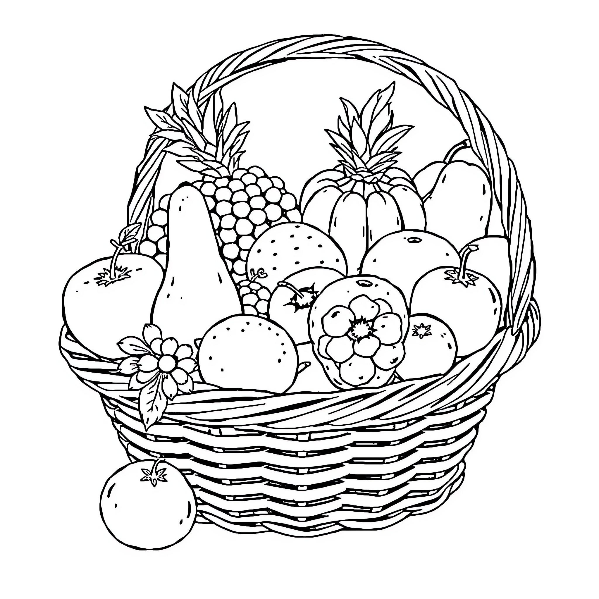 Fruit Basket with Assorted Produce Coloring Page (free black-and-white line drawing printable PDF for all, from beginners to advanced learners, including children, teens, adults, and seniors)