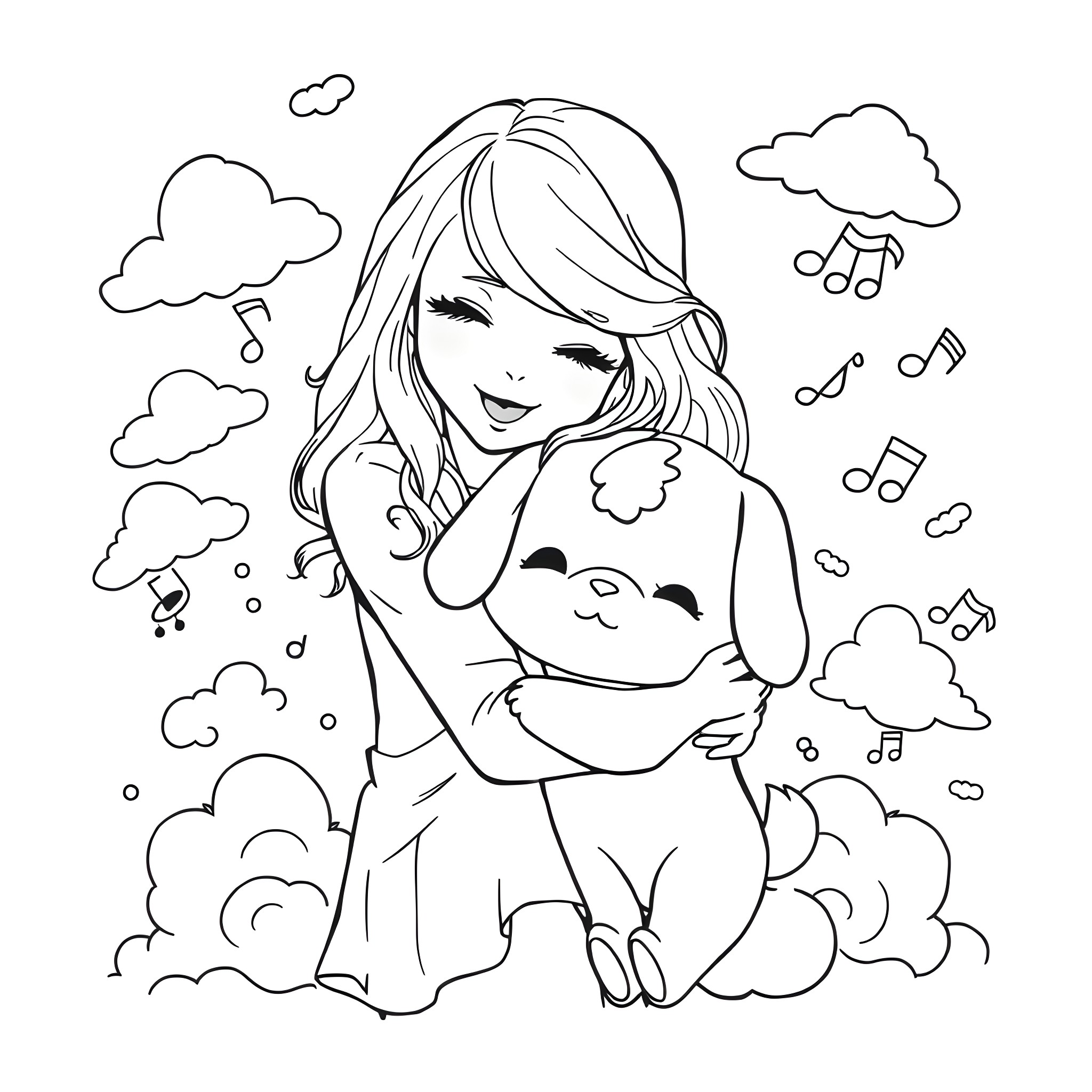 Taylor Swift embracing a cute puppy in a whimsical scene Coloring Page (free black-and-white line drawing printable PDF for all, from beginners to advanced learners, including children, teens, adults, and seniors)