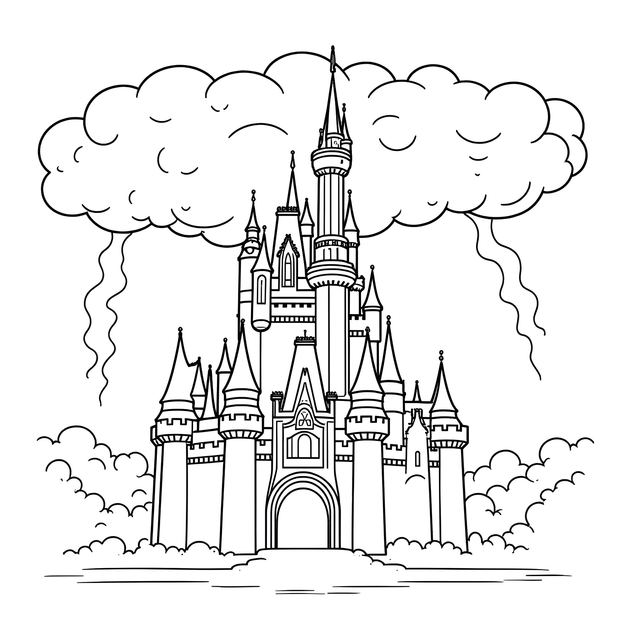 Castle in the Clouds with Whimsical Towers Coloring Page (free black-and-white line drawing printable PDF for all, from beginners to advanced learners, including children, teens, adults, and seniors)
