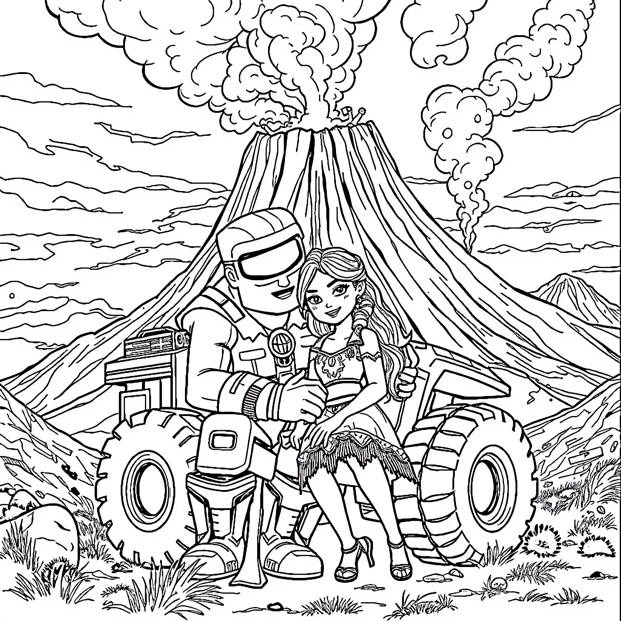Mega Trux Exploring Erupting Volcano Adventure Coloring Page (free black-and-white line drawing printable PDF for all, from beginners to advanced learners, including children, teens, adults, and seniors)