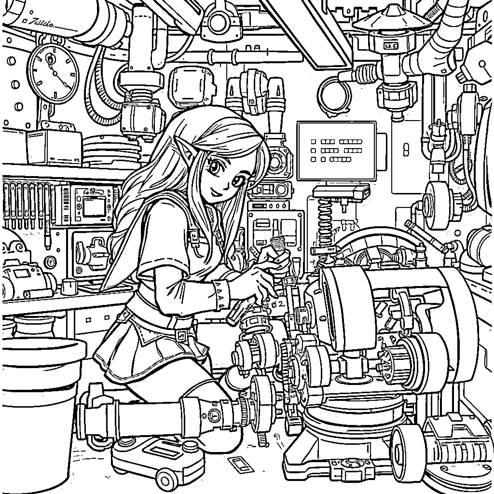 Zelda's Mechanical Masterpiece Coloring Page (free black-and-white line drawing printable PDF for all, from beginners to advanced learners, including children, teens, adults, and seniors)