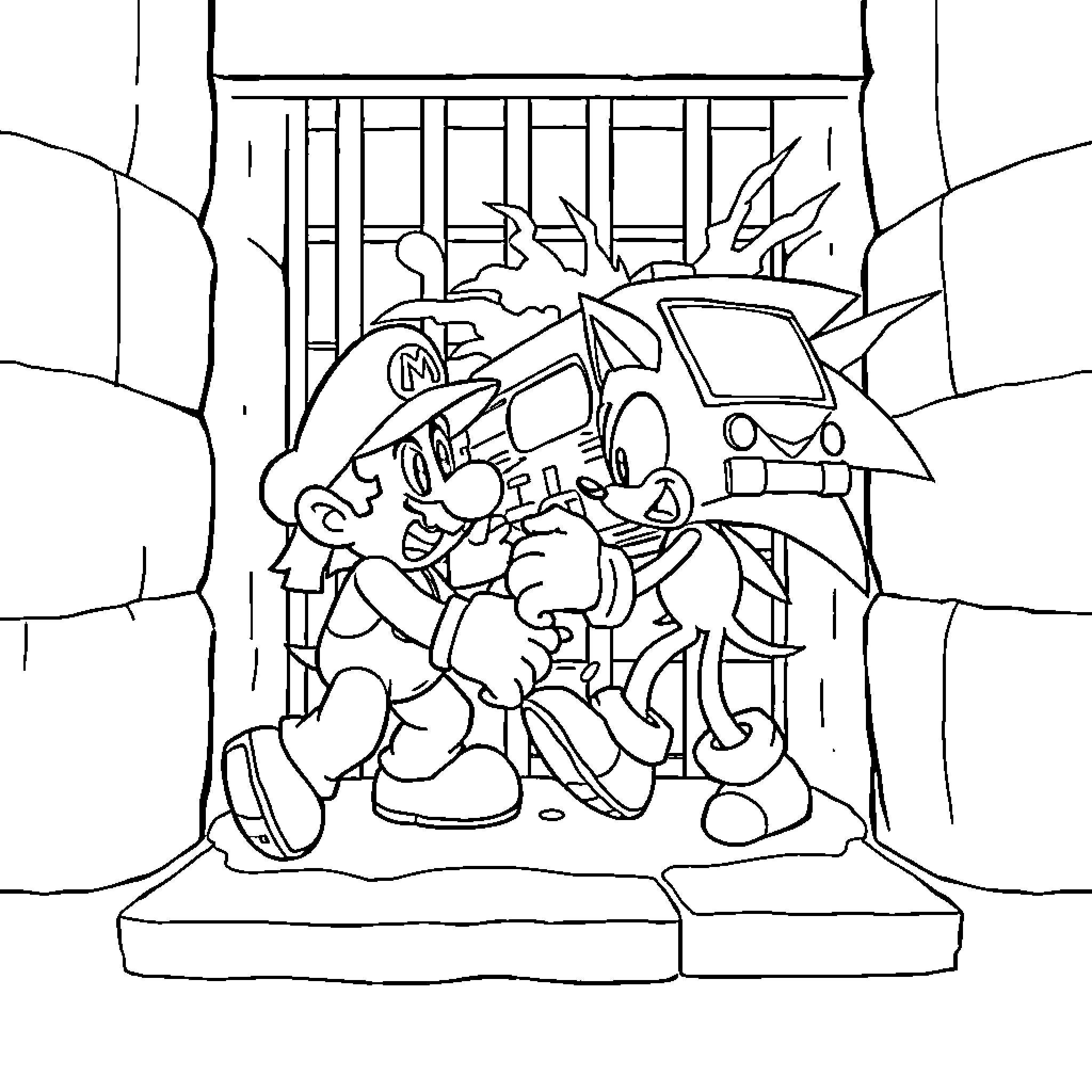 Mario and friends exploring an underground cave Coloring Page (free black-and-white line drawing printable PDF for all, from beginners to advanced learners, including children, teens, adults, and seniors)