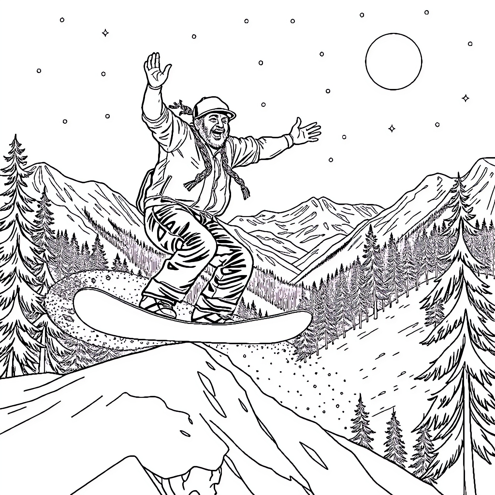 Willie Nelson snowboarding down the mountain with arms raised Coloring Page (free black-and-white line drawing printable PDF for all, from beginners to advanced learners, including children, teens, adults, and seniors)
