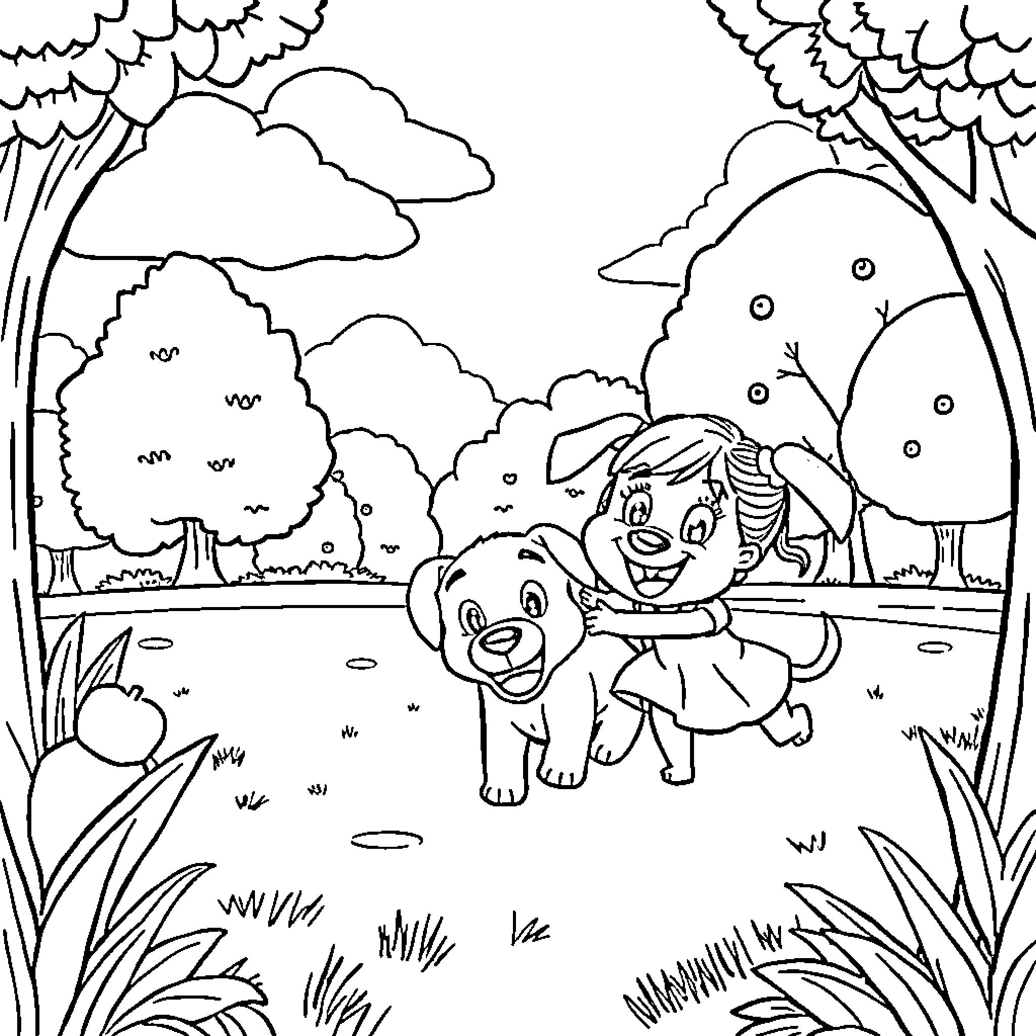 Bluey and Bingo playing in the forest Coloring Page (free black-and-white line drawing printable PDF for all, from beginners to advanced learners, including children, teens, adults, and seniors)