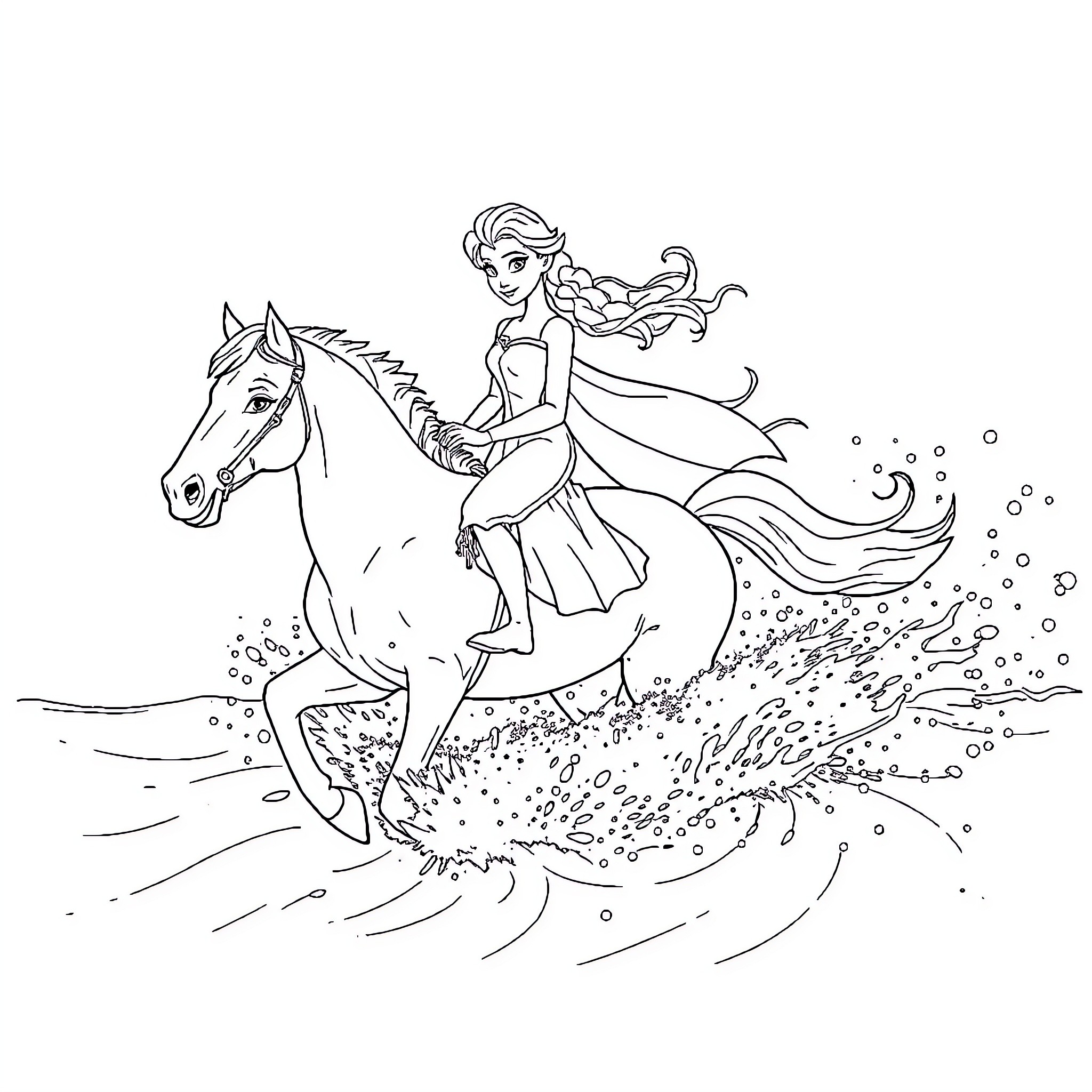 Elsa riding a horse through a magical scene Coloring Page (free black-and-white line drawing printable PDF for all, from beginners to advanced learners, including children, teens, adults, and seniors)