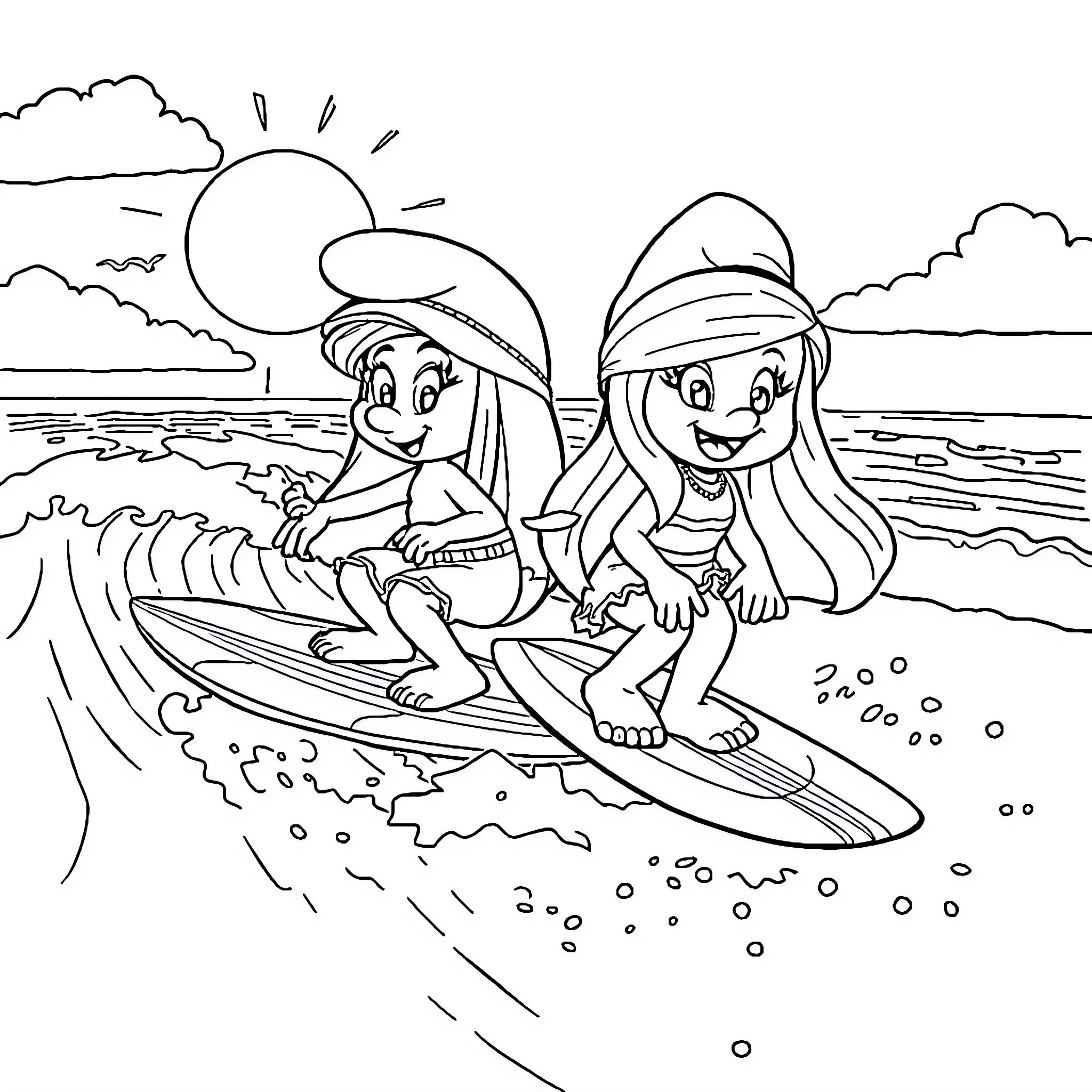 Smurfette enjoying a sunny day surfing with a friend Coloring Page (free black-and-white line drawing printable PDF for all, from beginners to advanced learners, including children, teens, adults, and seniors)