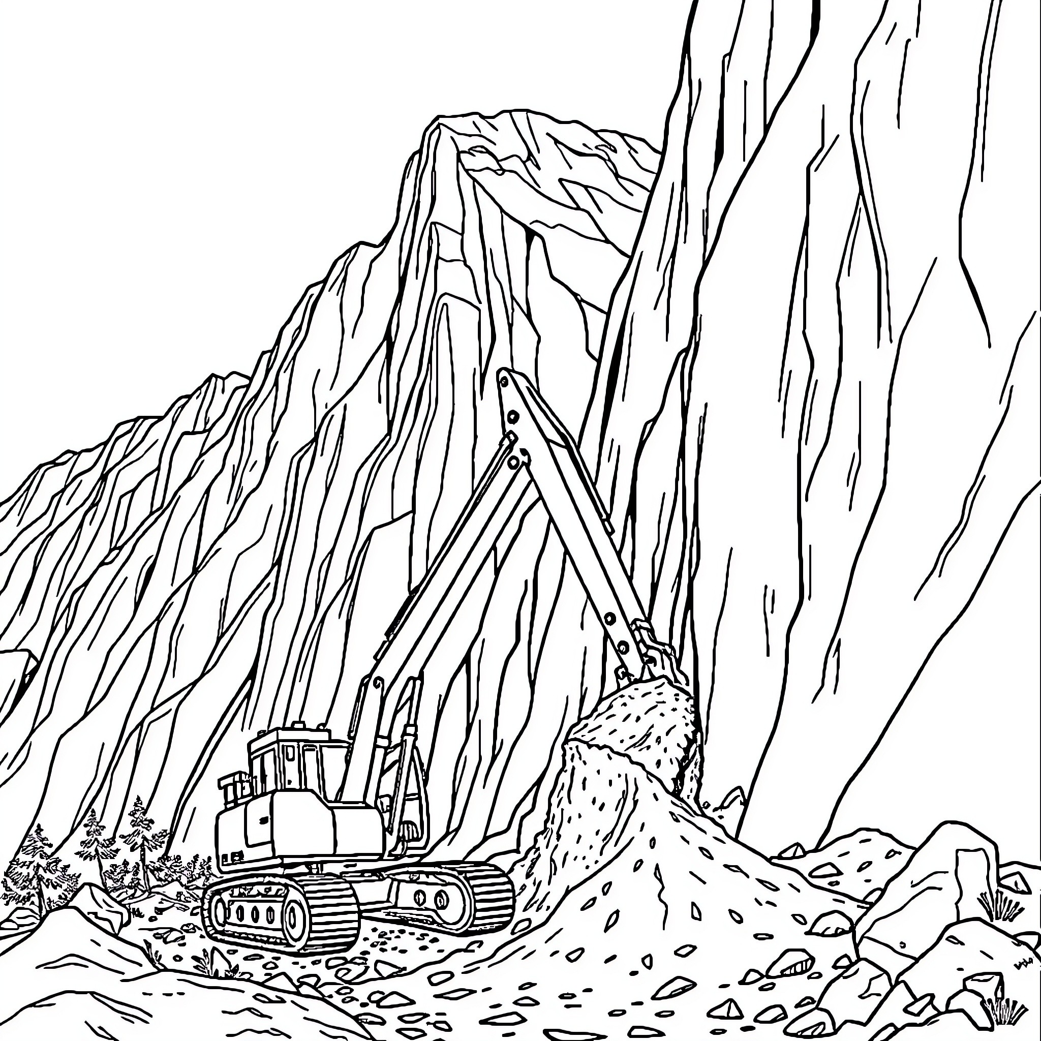 Excavator working at a rocky construction site Coloring Page (free black-and-white line drawing printable PDF for all, from beginners to advanced learners, including children, teens, adults, and seniors)