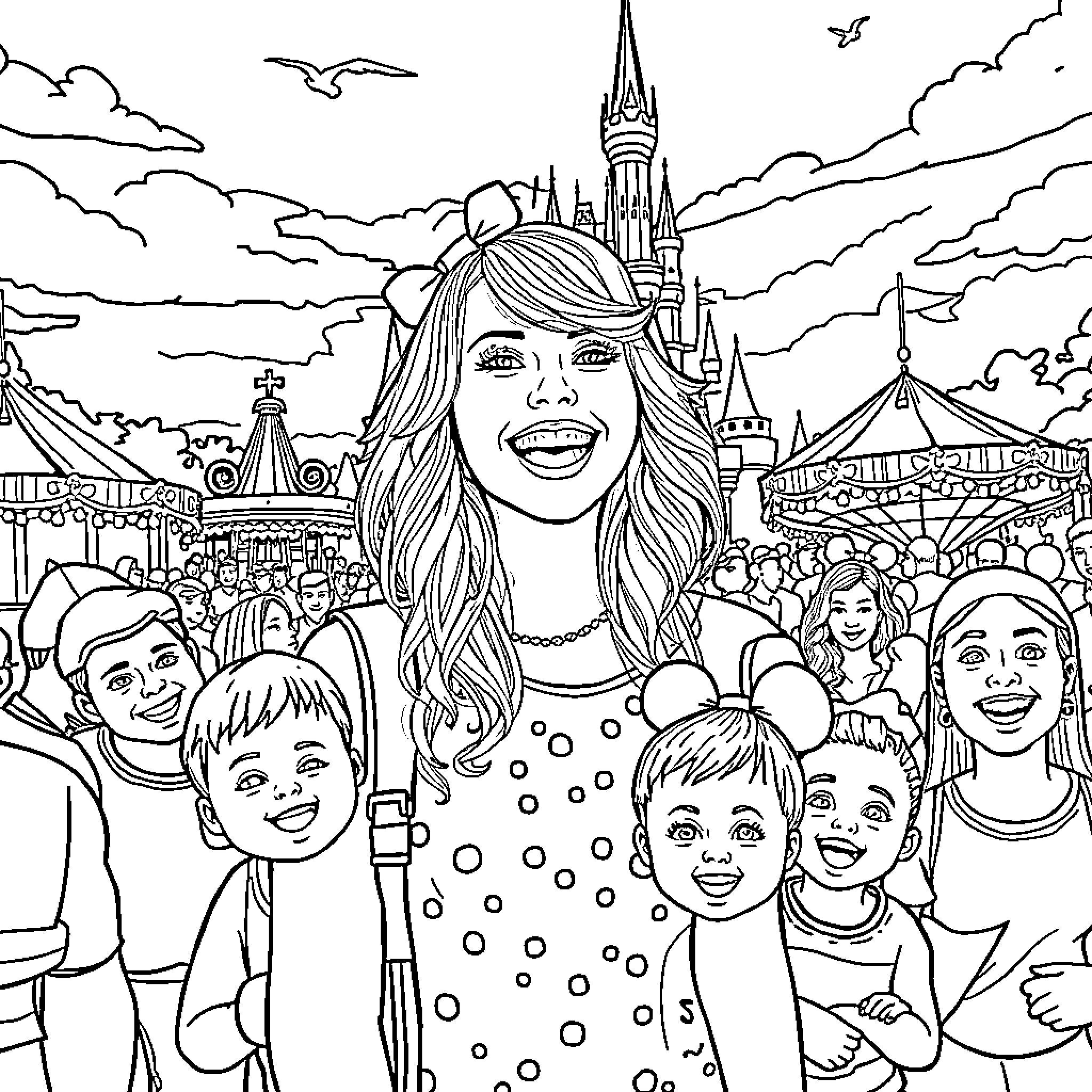 Taylor Swift Smiling with Fans at Magical Theme Park Coloring Page (free black-and-white line drawing printable PDF for all, from beginners to advanced learners, including children, teens, adults, and seniors)