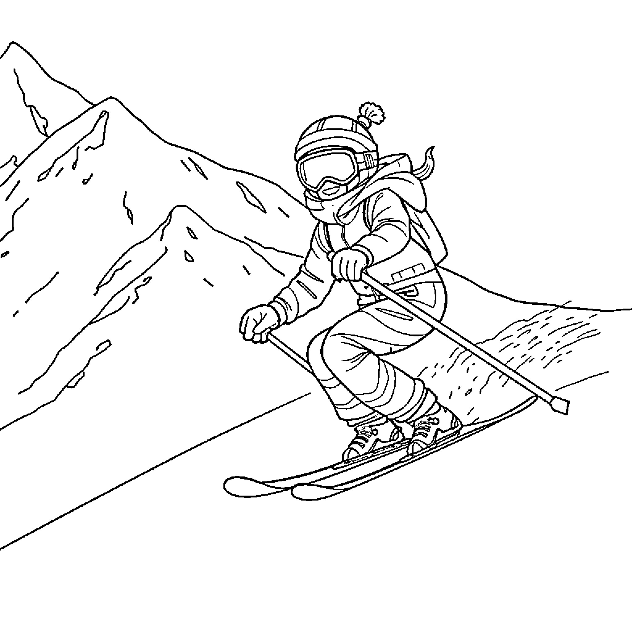 Bubu skiing down the mountain slopes Coloring Page (free black-and-white line drawing printable PDF for all, from beginners to advanced learners, including children, teens, adults, and seniors)