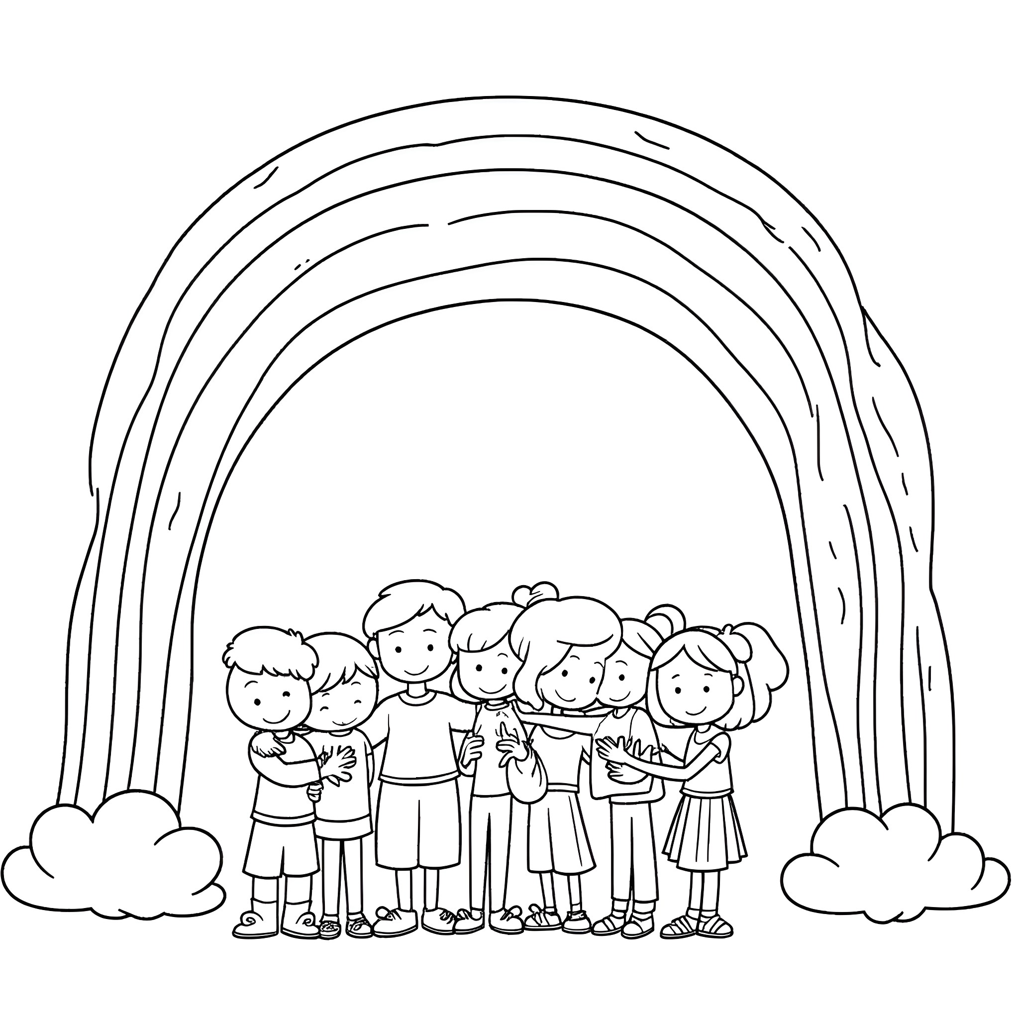 Rainbow Friend Group enjoying Outdoor Activity Coloring Page (free black-and-white line drawing printable PDF for all, from beginners to advanced learners, including children, teens, adults, and seniors)