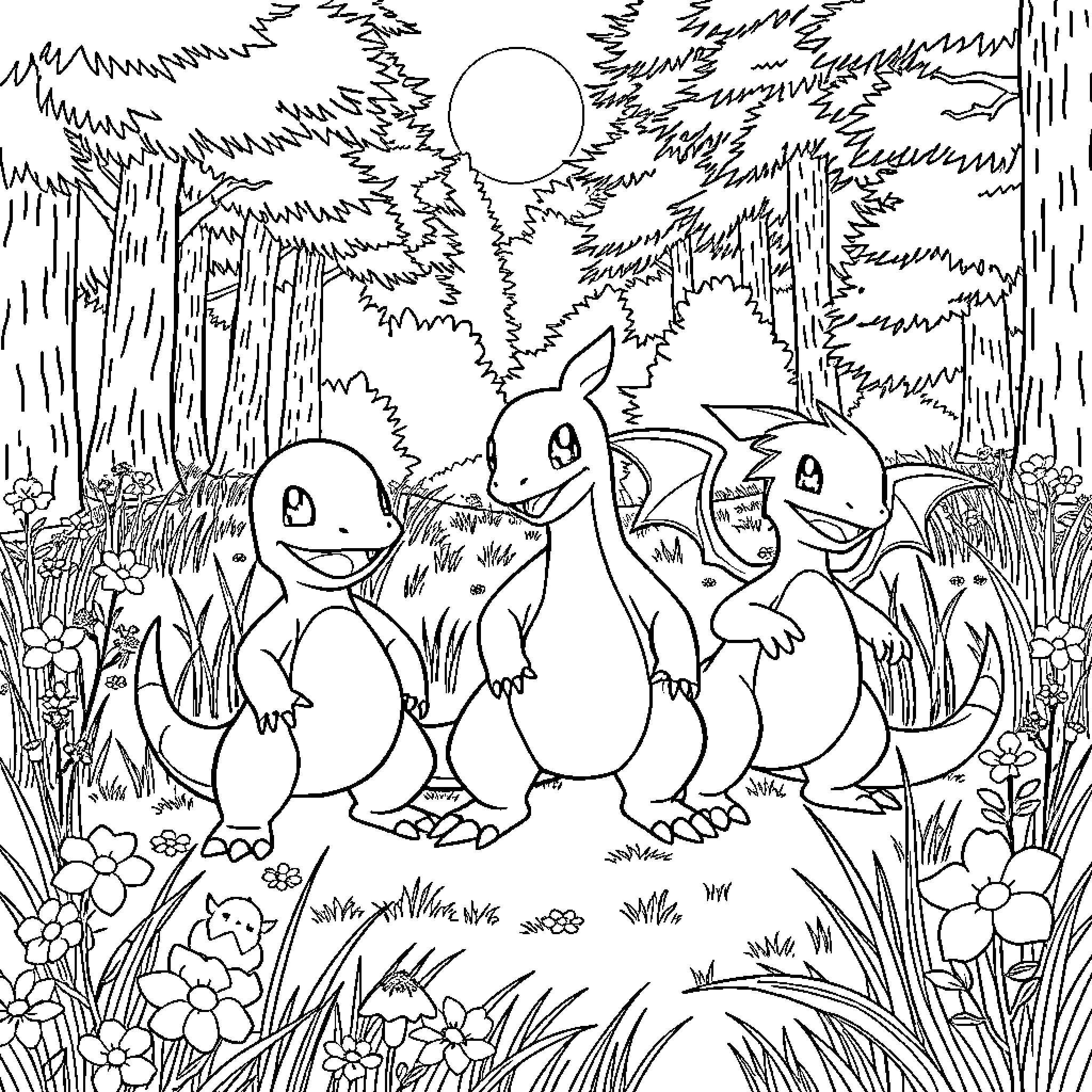 Charmander and Friends in a Magical Forest Coloring Page (free black-and-white line drawing printable PDF for all, from beginners to advanced learners, including children, teens, adults, and seniors)