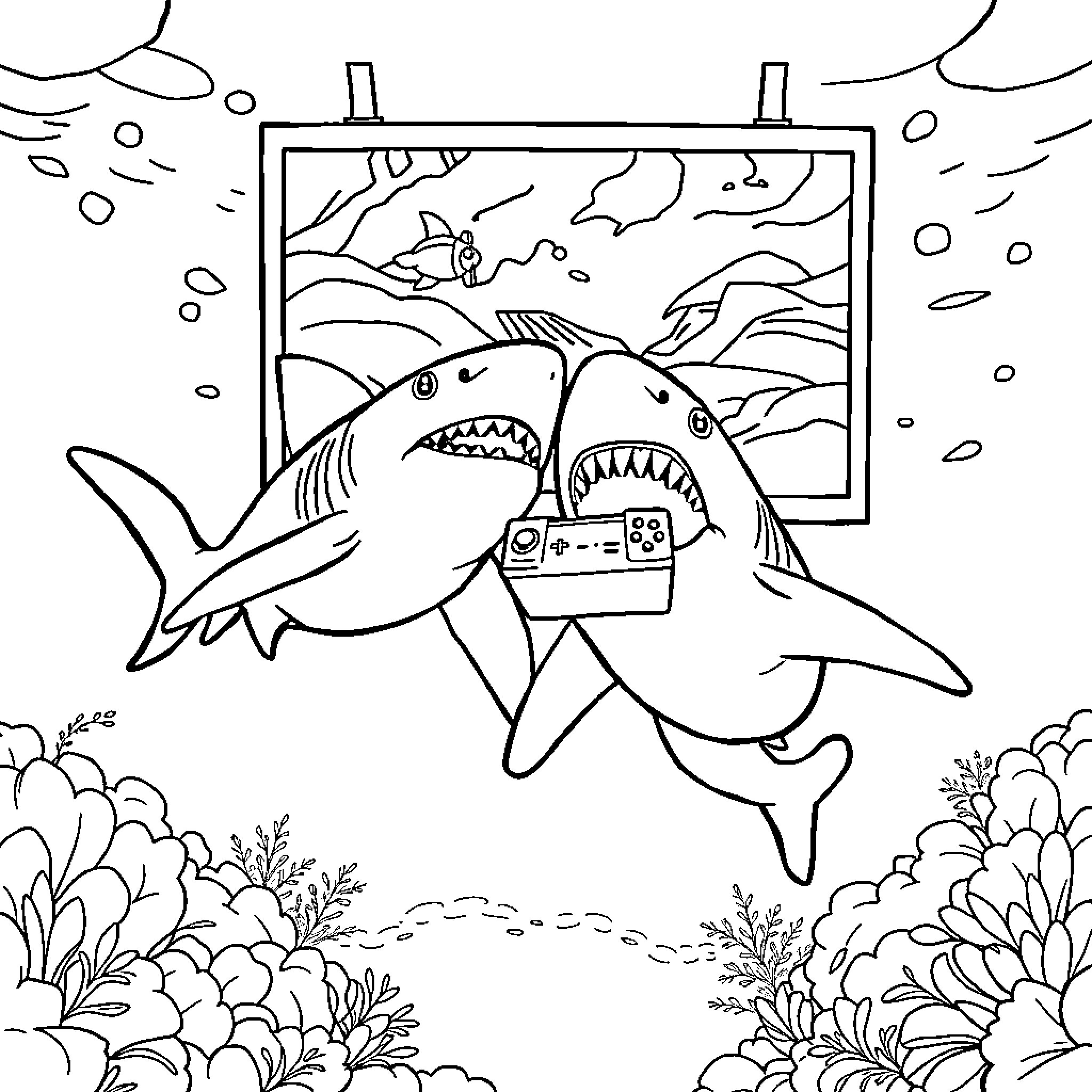 Mako Sharks playing with video games in the underwater scene Coloring Page (free black-and-white line drawing printable PDF for all, from beginners to advanced learners, including children, teens, adults, and seniors)