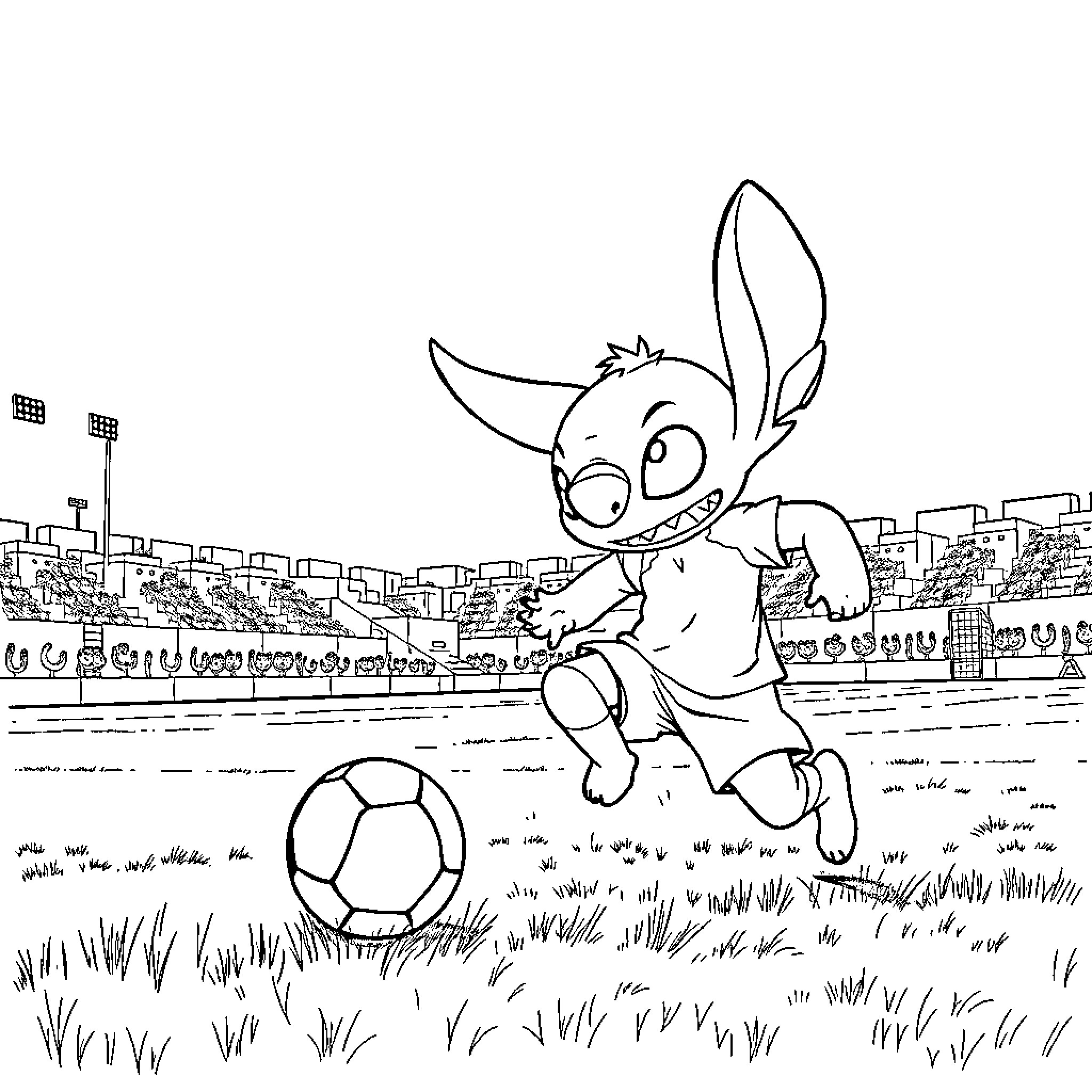 Stitch Playing Soccer on the Pitch Coloring Page (free black-and-white line drawing printable PDF for all, from beginners to advanced learners, including children, teens, adults, and seniors)