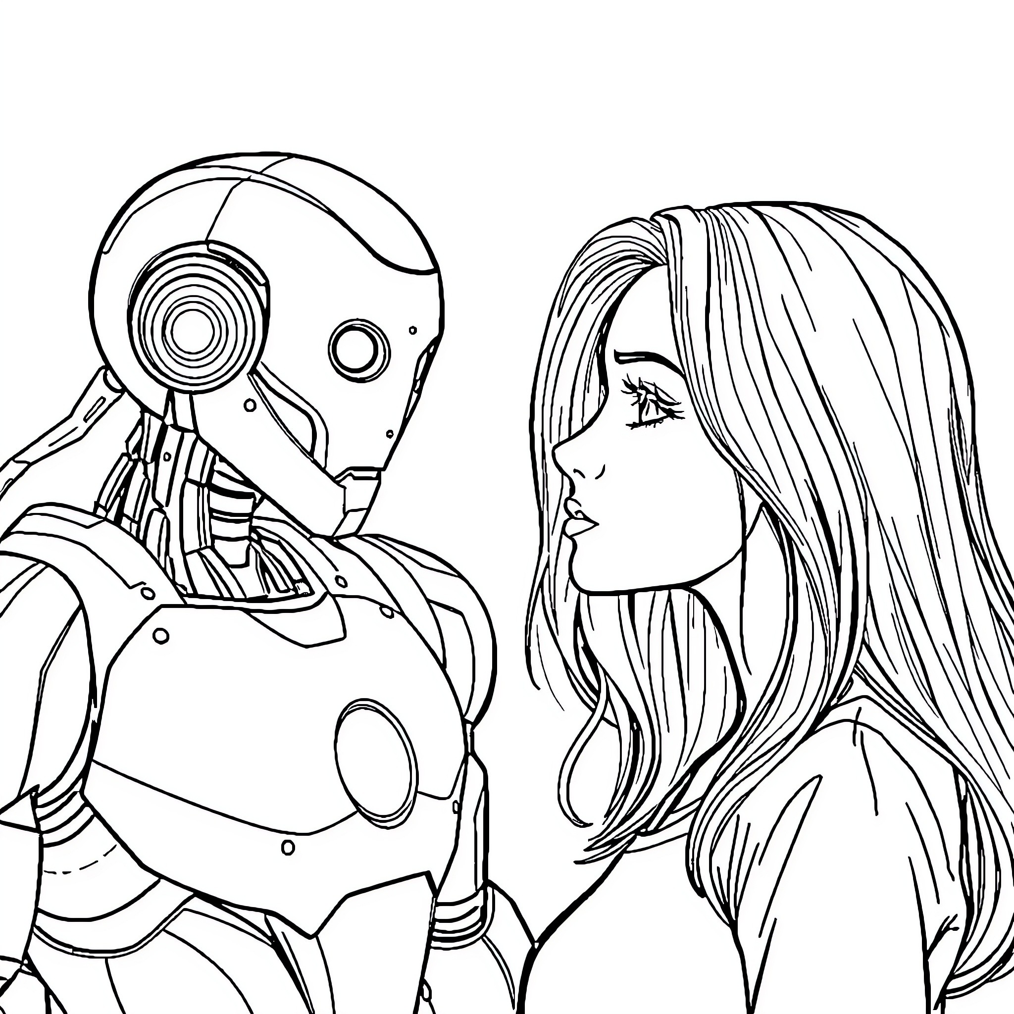 Woman interacting with futuristic android in a thoughtful manner Coloring Page (free black-and-white line drawing printable PDF for all, from beginners to advanced learners, including children, teens, adults, and seniors)