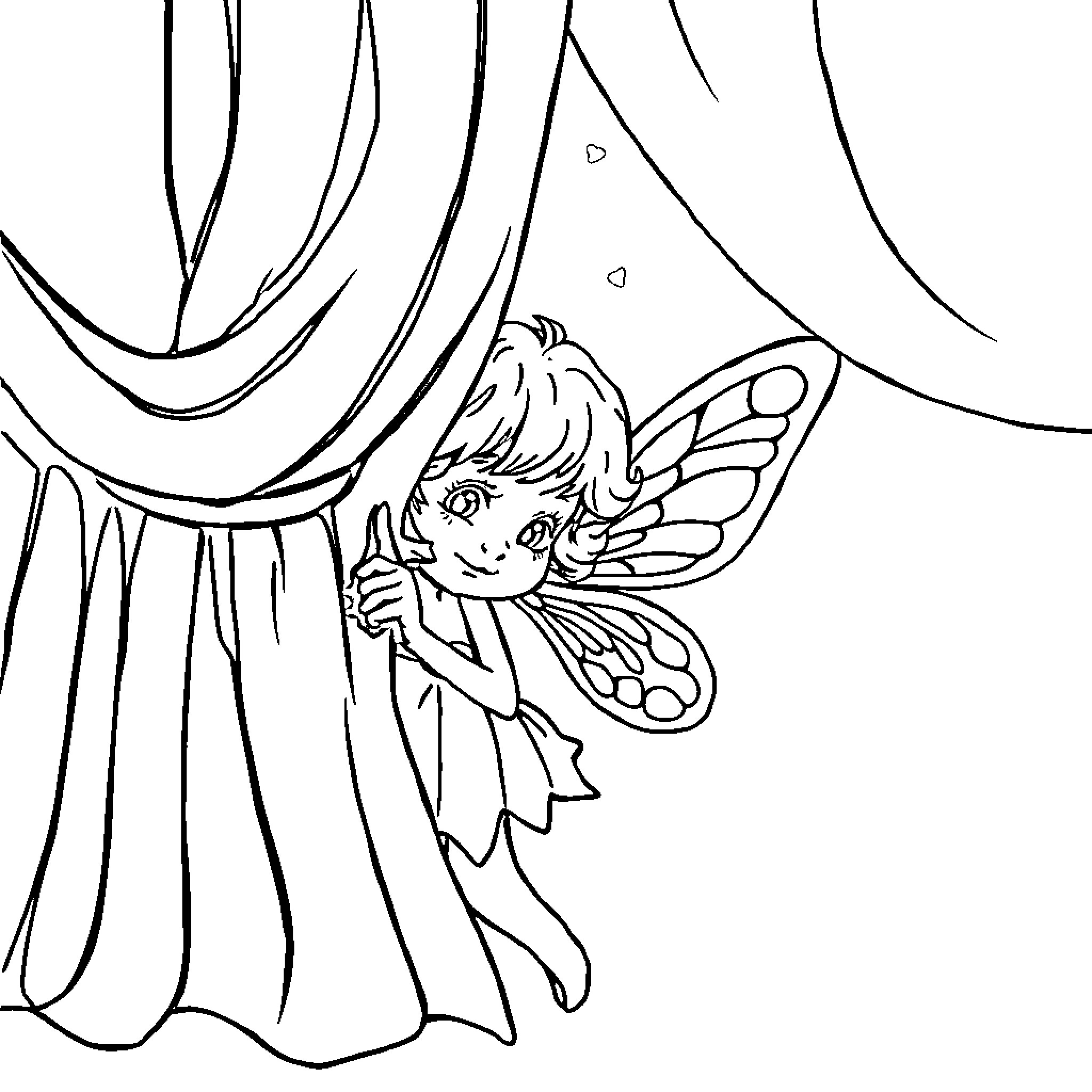 Tooth Fairy peeking through the curtain Coloring Page (free black-and-white line drawing printable PDF for all, from beginners to advanced learners, including children, teens, adults, and seniors)
