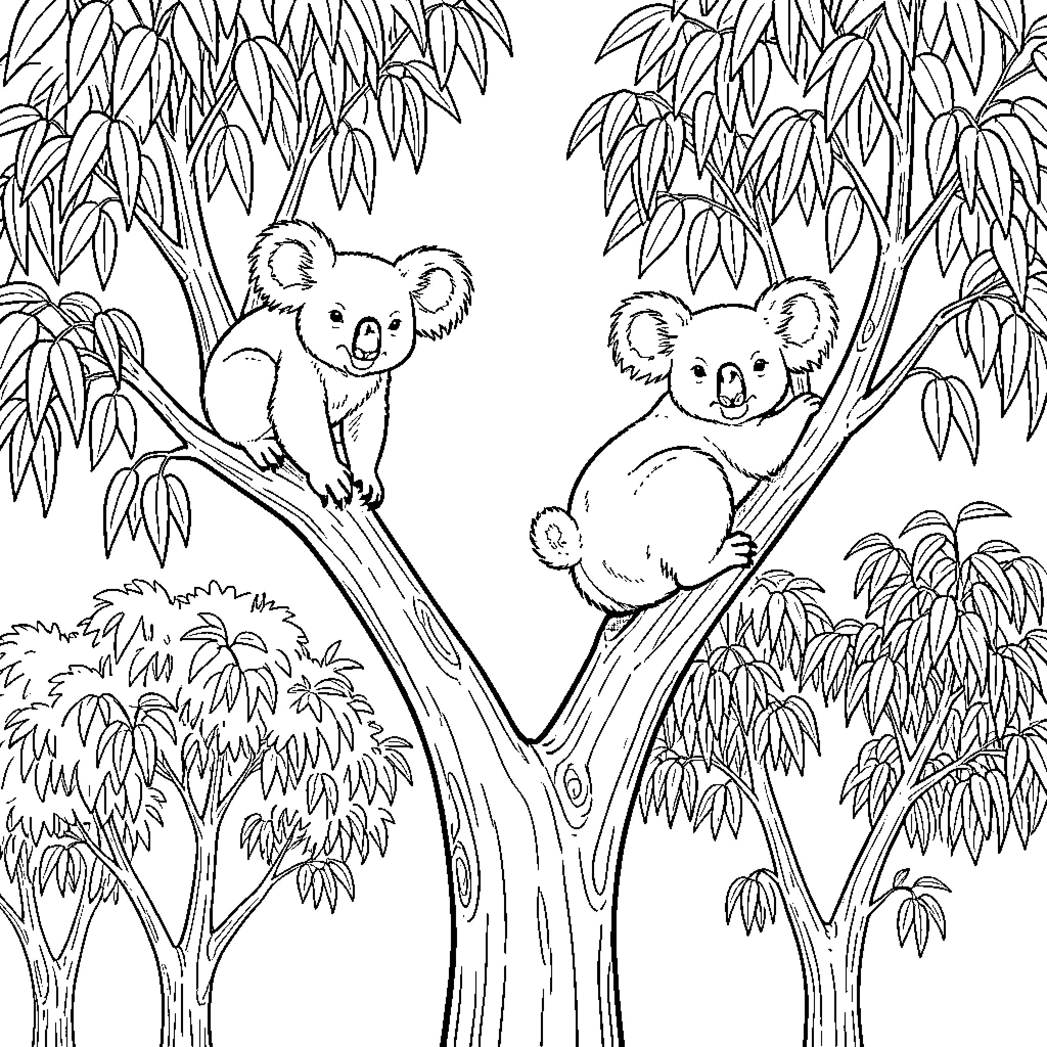 Koalas resting peacefully in the eucalyptus tree Coloring Page (free black-and-white line drawing printable PDF for all, from beginners to advanced learners, including children, teens, adults, and seniors)
