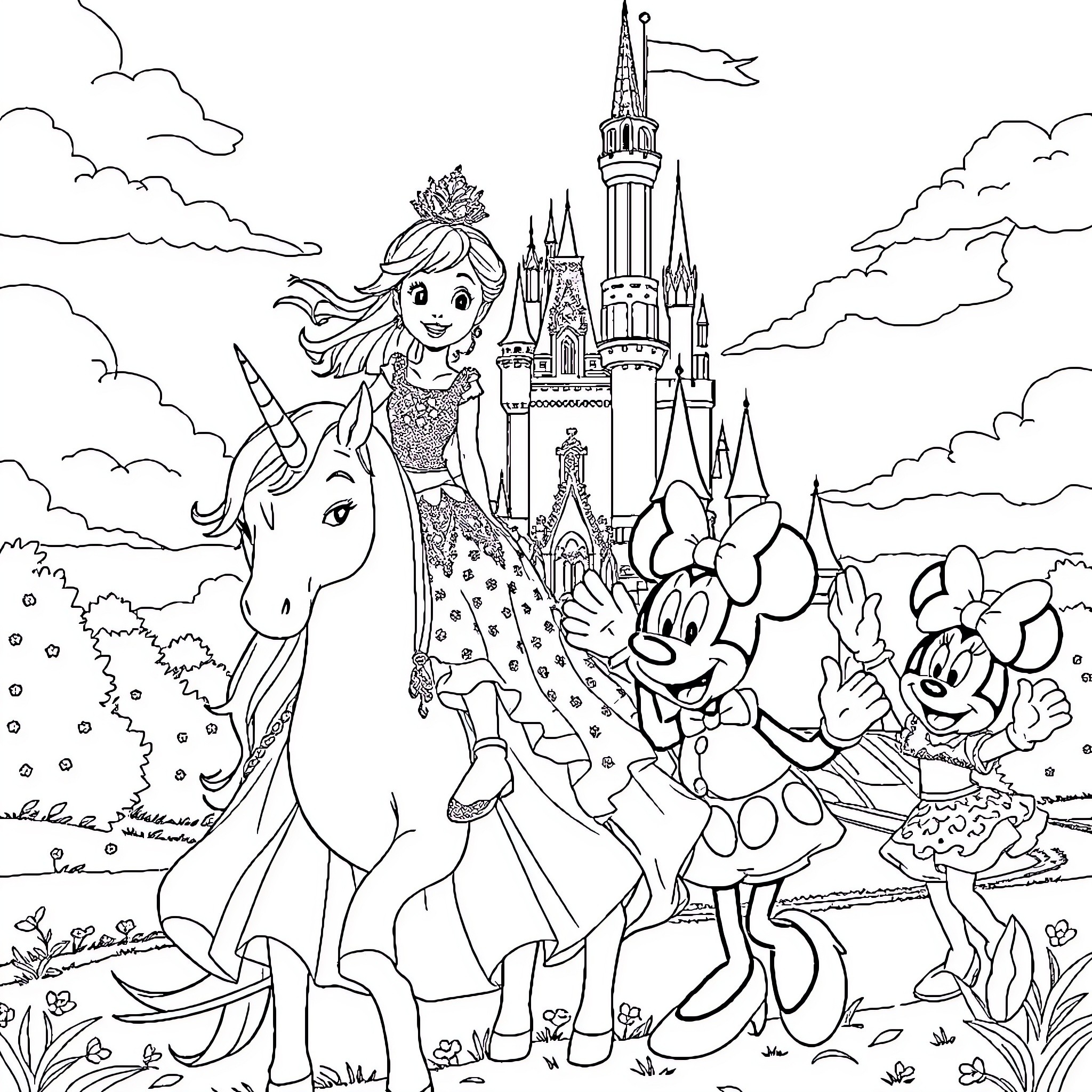 Princess and her Unicorn Companion at the Castle Coloring Page (free black-and-white line drawing printable PDF for all, from beginners to advanced learners, including children, teens, adults, and seniors)