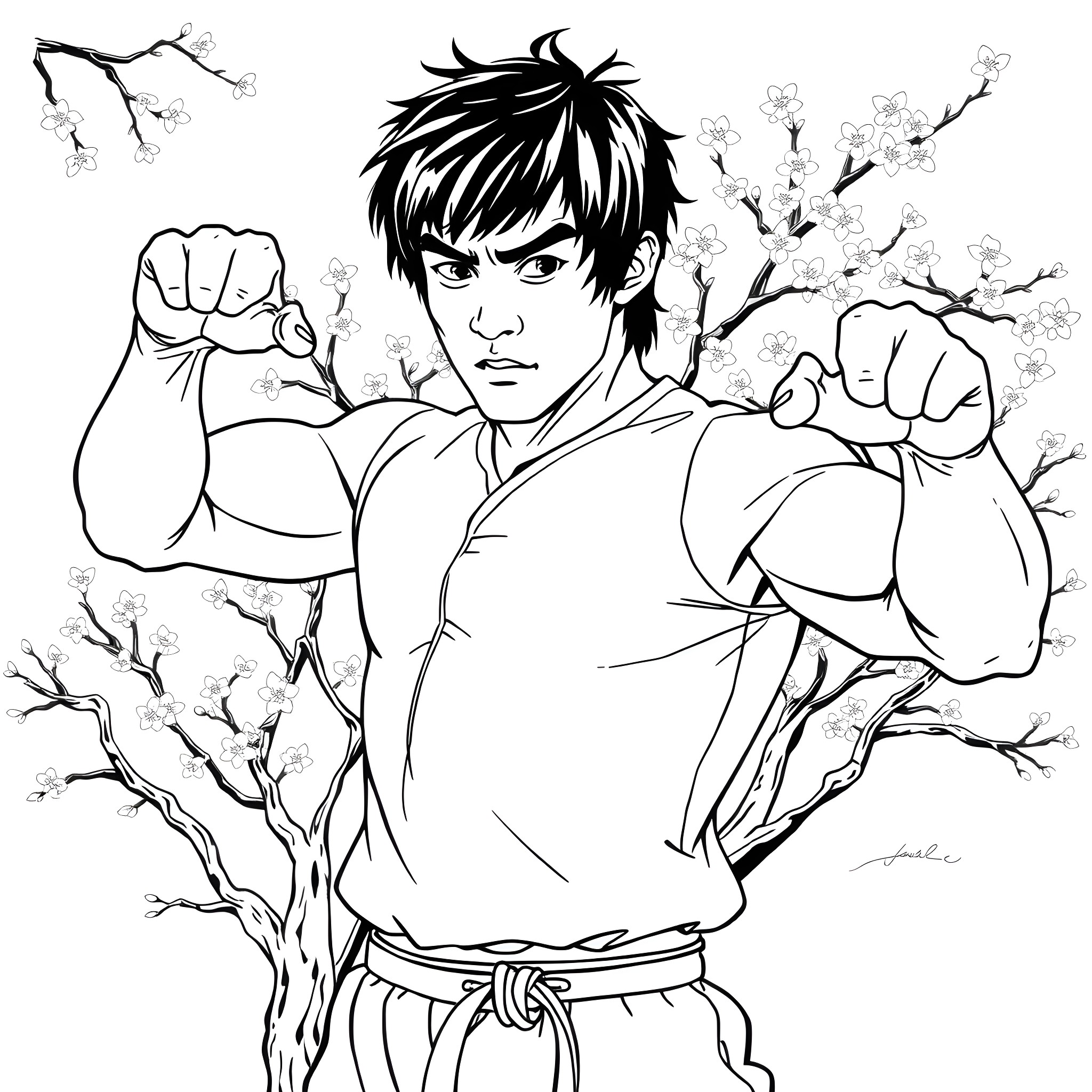Rock Lee's Martial Arts Stance Amidst Cherry Blossoms Coloring Page (free black-and-white line drawing printable PDF for all, from beginners to advanced learners, including children, teens, adults, and seniors)