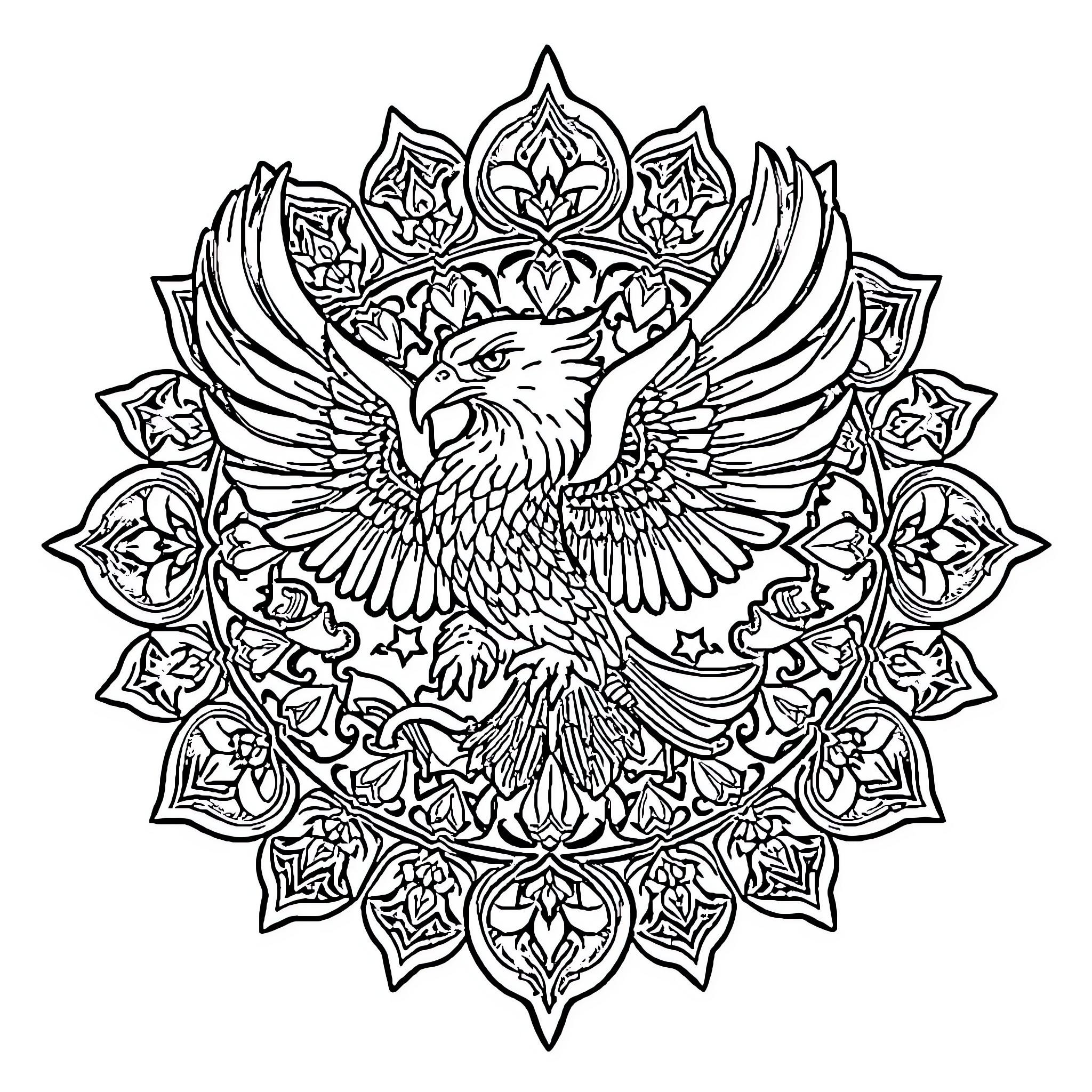 Eagle with Ornate Floral Mandala Design Coloring Page (free black-and-white line drawing printable PDF for all, from beginners to advanced learners, including children, teens, adults, and seniors)