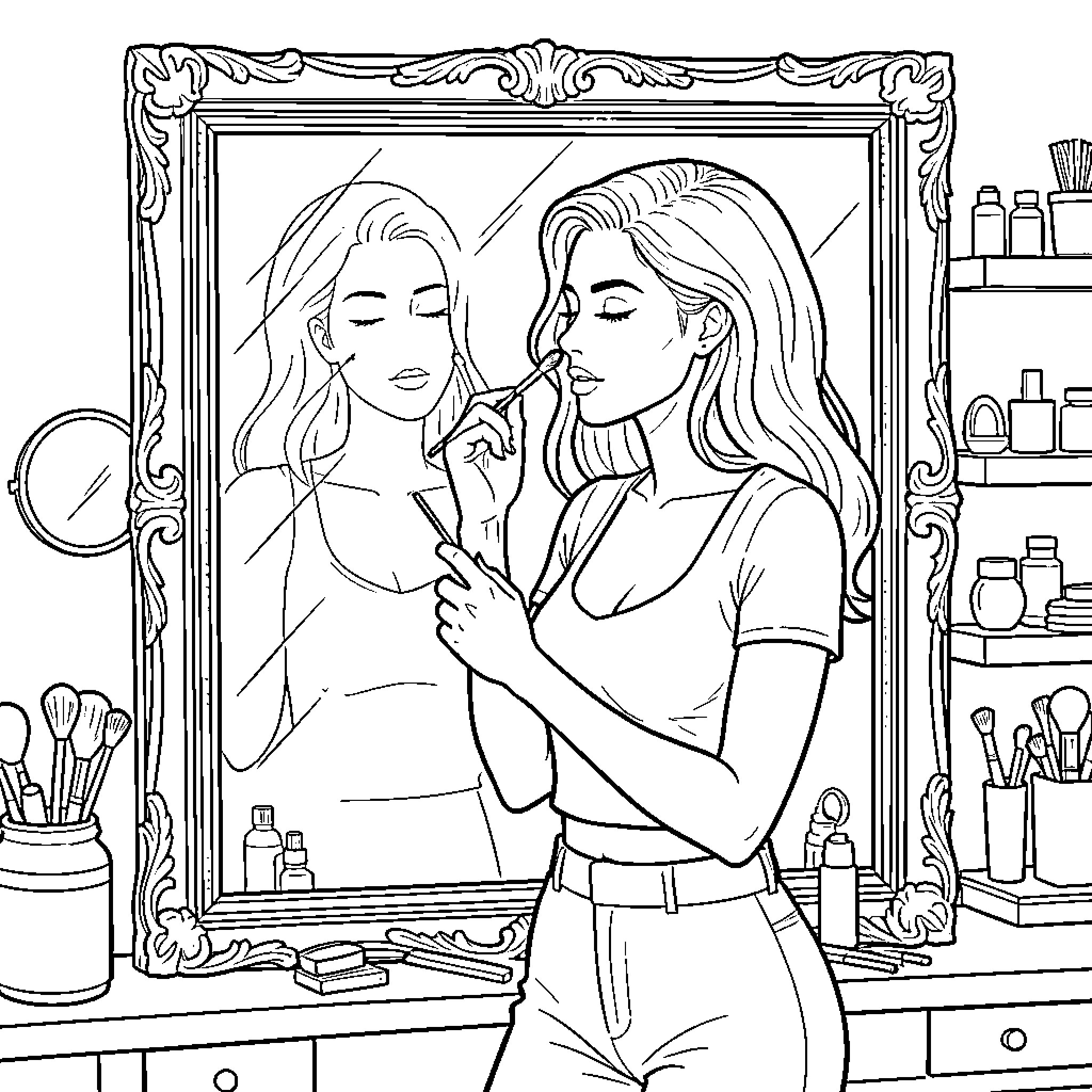 Model applying makeup while looking into a mirror Coloring Page (free black-and-white line drawing printable PDF for all, from beginners to advanced learners, including children, teens, adults, and seniors)